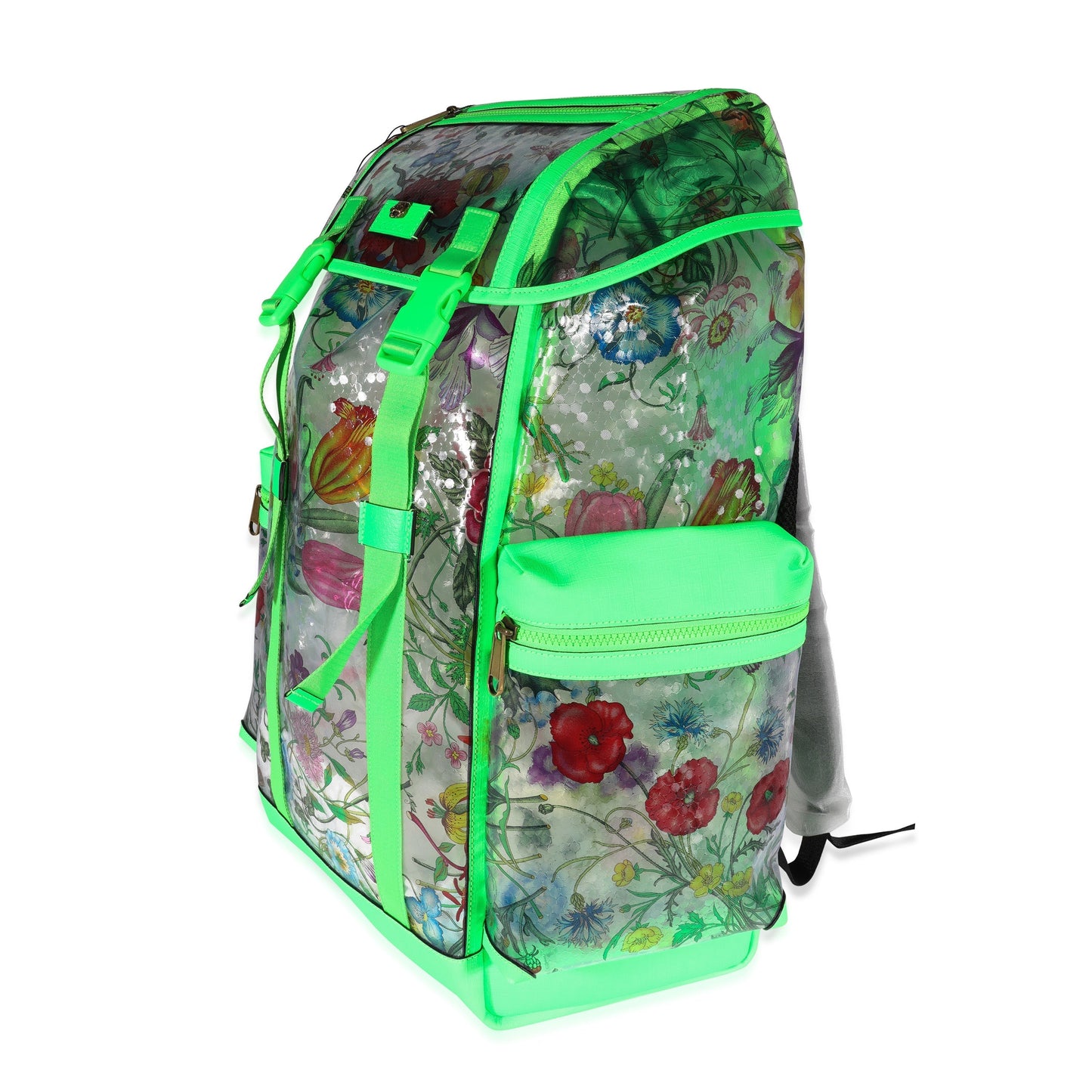 GUCCI Neon Green Leather & Flora PVC Backpack