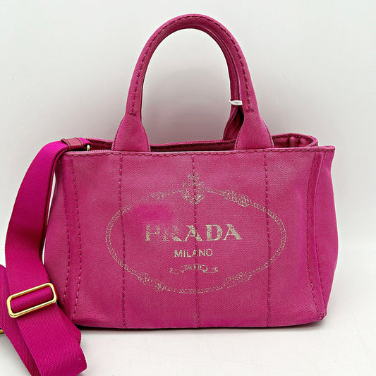 Pre-owned Prada  Denim Small Canapa Logo Tote Peonia LA10326