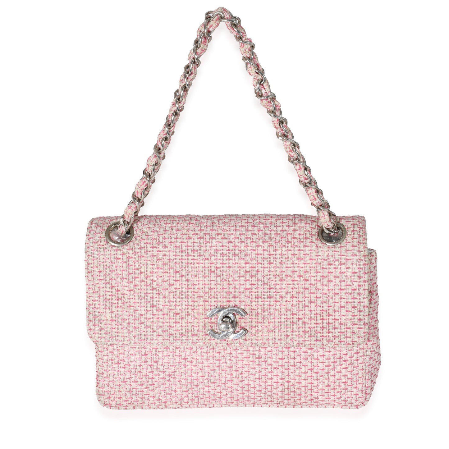 Chanel Woven Raffia Pink White Small CC Shoulder Flap Bag