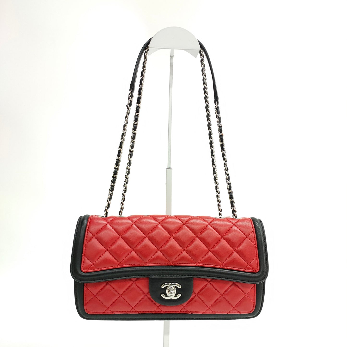 Chanel Baguette Flap Shoulder Bag Lambskin Red and Black Silver Double Chain