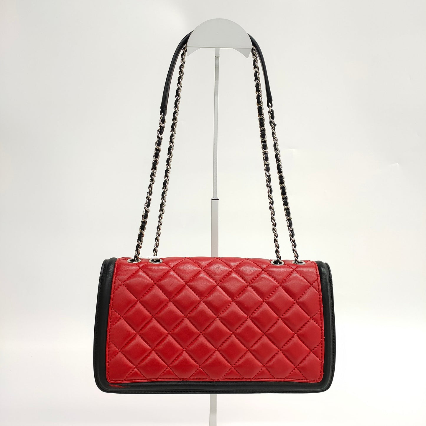 Chanel Baguette Flap Shoulder Bag Lambskin Red and Black Silver Double Chain