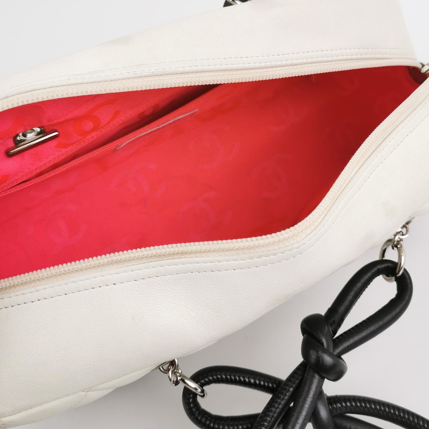 Chanel Cambon Medium Shoulder Bag White Calfskin Leather Black Double Strap