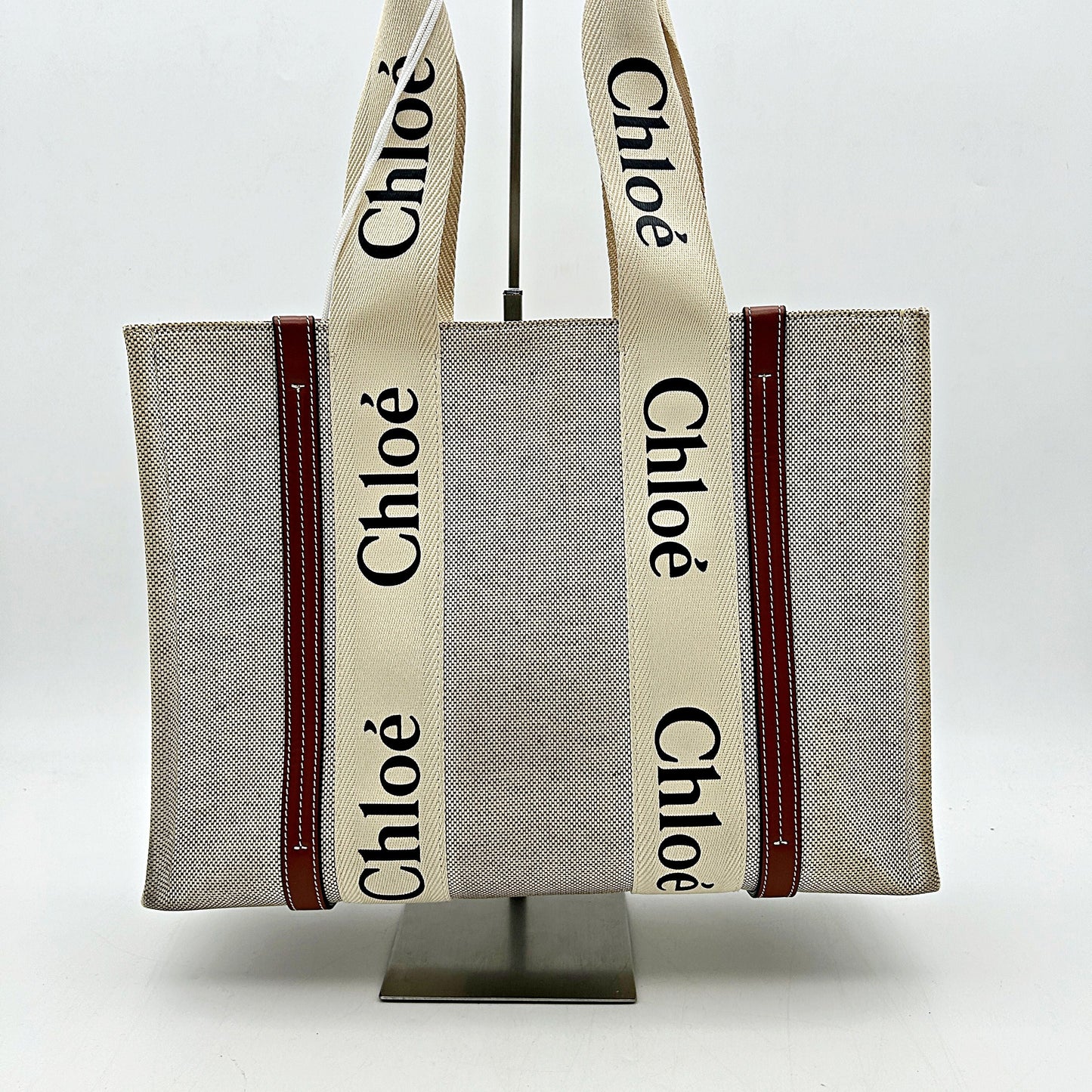 CHLOE Cotton Calfskin Medium Woody Ribbon Tote White Brown LA39604