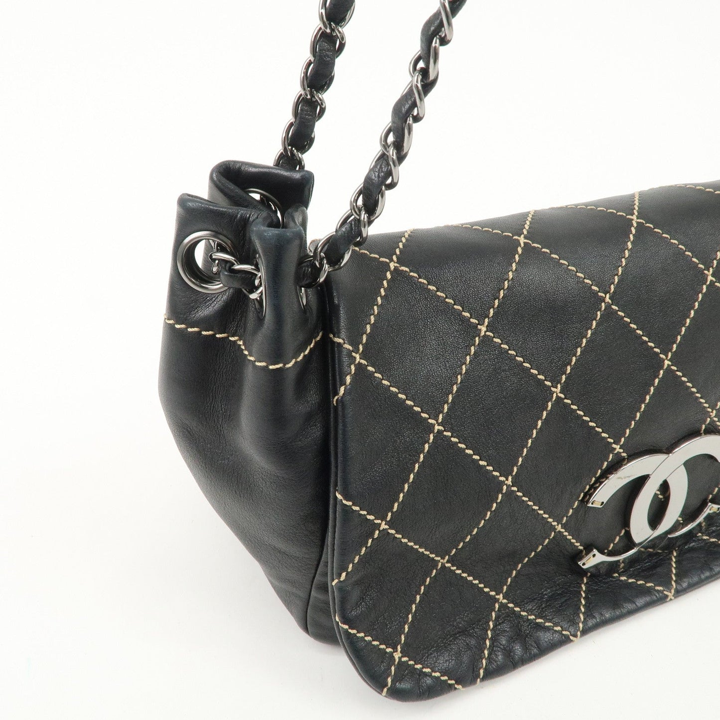 CHANEL COCO Mark Wild Stitch Lamb Skin Chain Shoulder Bag Black