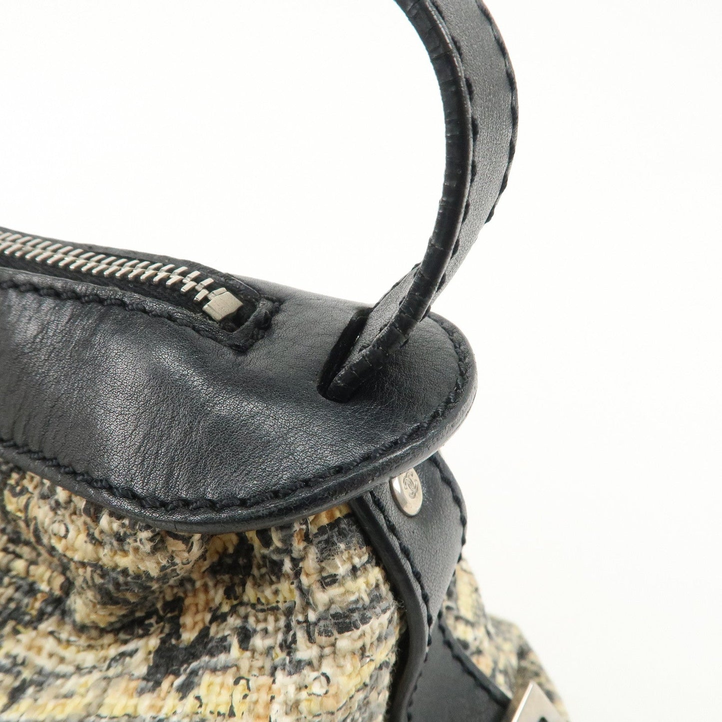 CHANEL Tweed Leather Shoulder Bag Hand Bag Black Beige