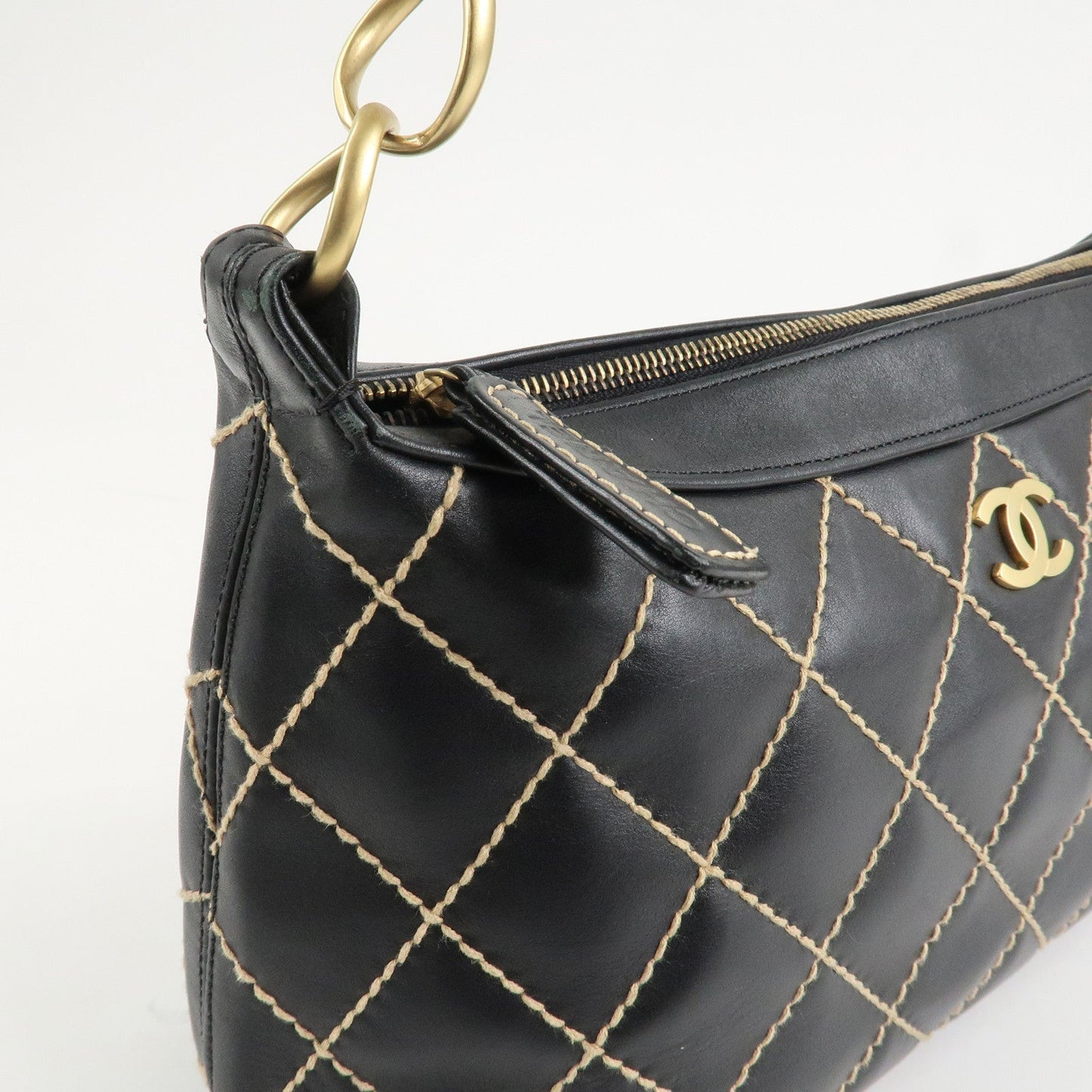 CHANEL Wild Stitch Lamb Skin Shoulder Bag Hand Bag Black A20663