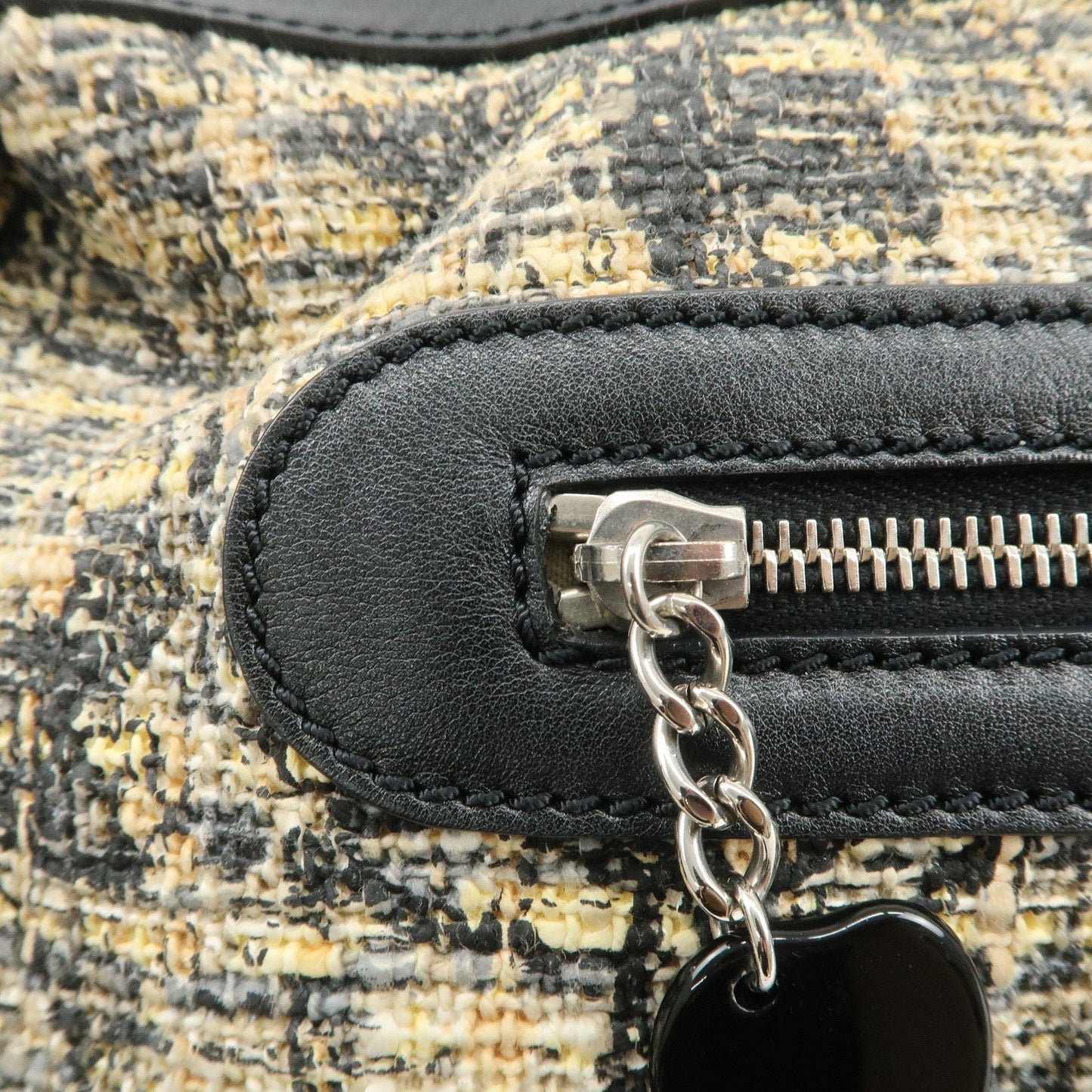 CHANEL Tweed Leather Shoulder Bag Hand Bag Black Beige