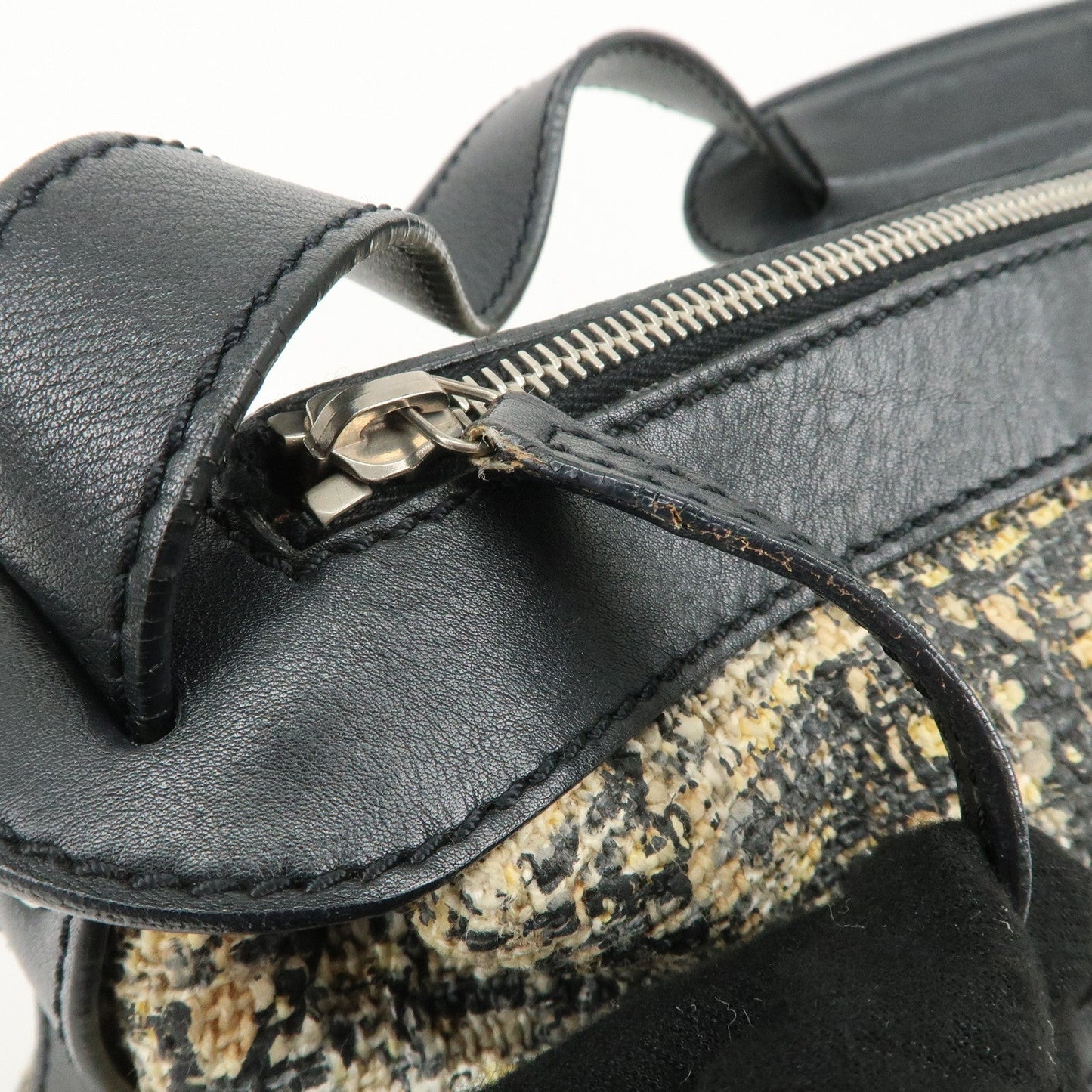 CHANEL Tweed Leather Shoulder Bag Hand Bag Black Beige