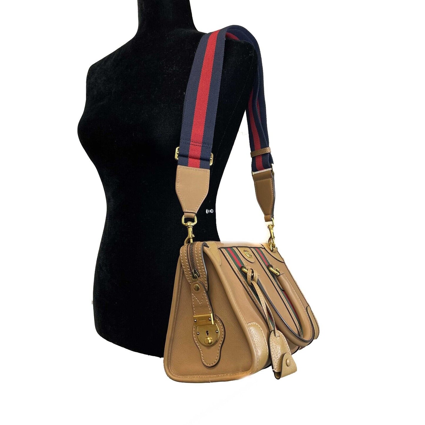 GUCCI Beige Leather Bauletto Double G Small Top Handle Tote Crossbody Bag