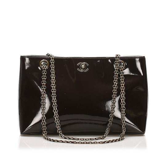 CC Chain Patent Leather Shoulder Bag Brown