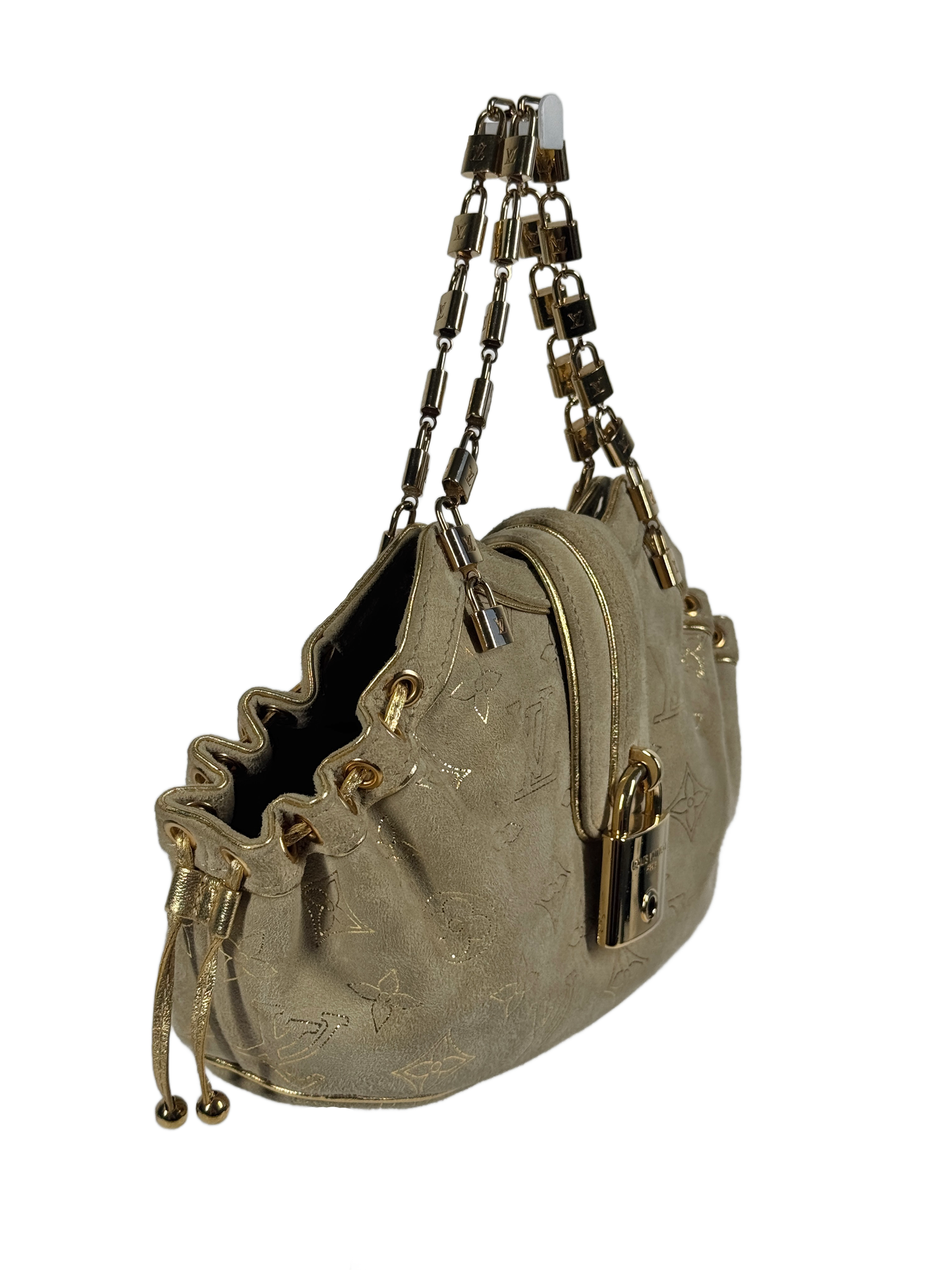 Louis Vuitton Vintage 2004 Beige Suede Gold Monogram Theda Mini Logo Lock Bag