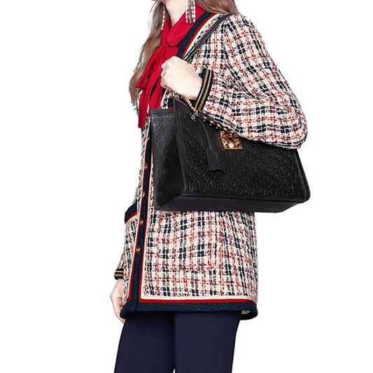 (WMNS) Gucci Padlock Metallic Logo Embossing Leather Tote Chain Black HandBag 479197-0REAG-1000