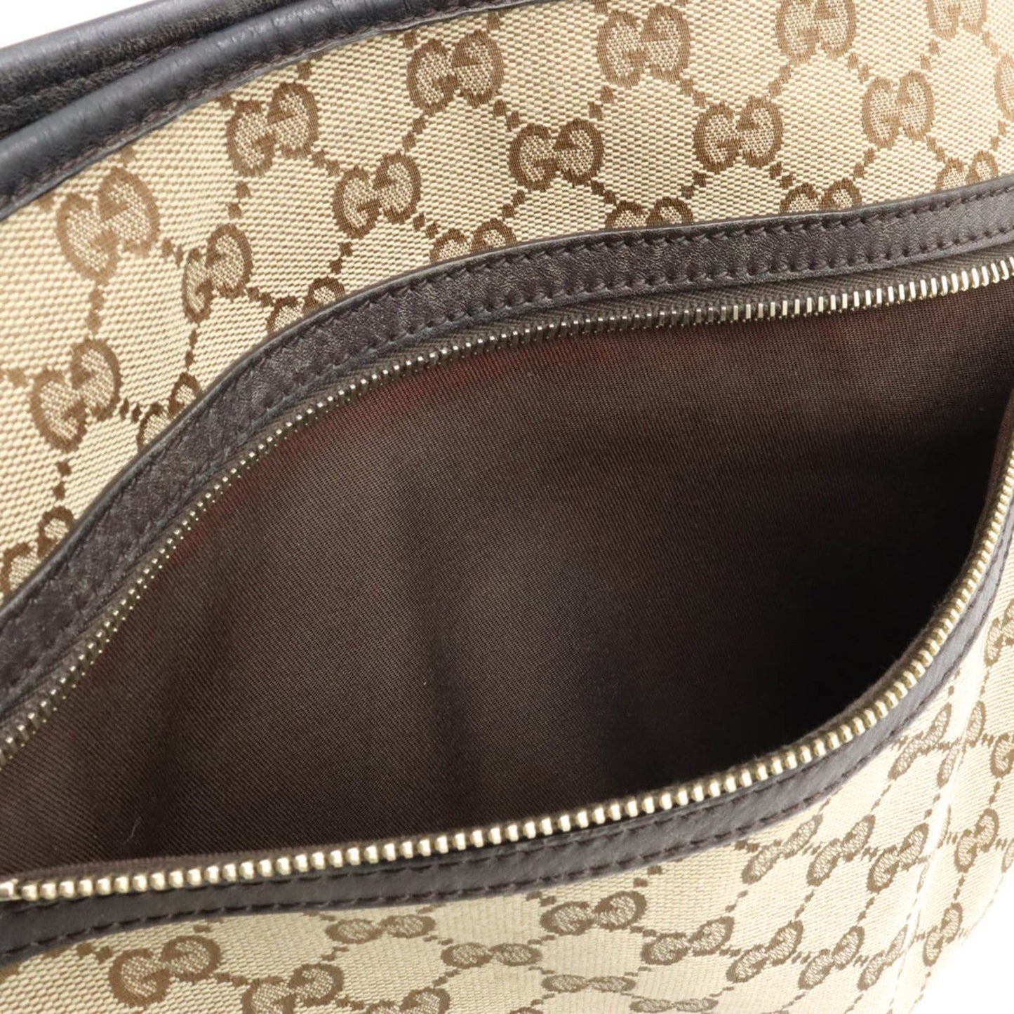 GUCCI GG Canvas Shoulder Bag Leather Khaki Beige Dark Brown 388930