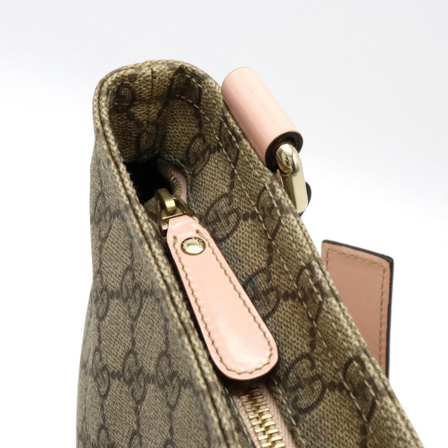 GUCCI GG Supreme Plus Shoulder Bag PVC Patent Leather Khaki Beige Baby Pink 201446
