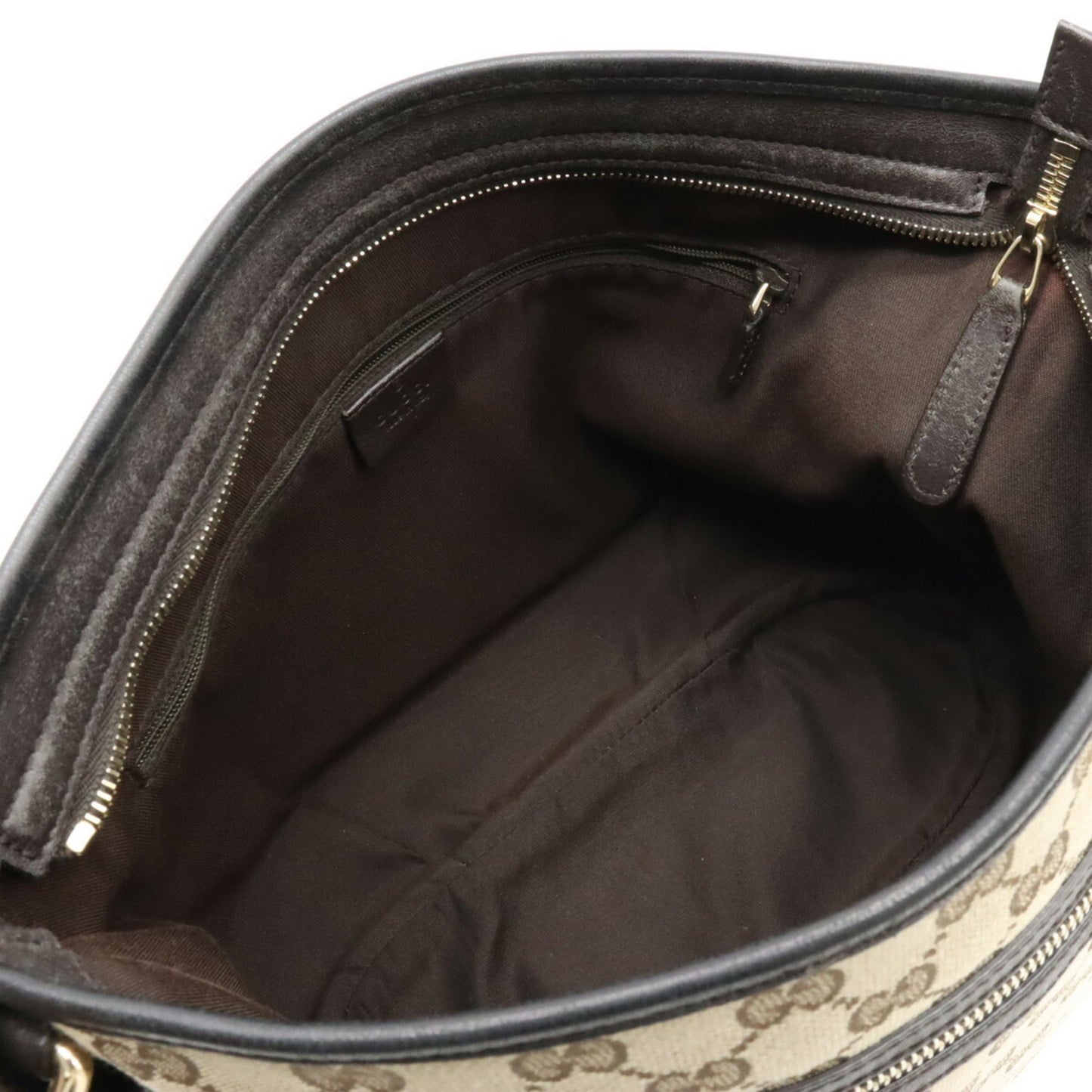 GUCCI GG Canvas Shoulder Bag Leather Khaki Beige Dark Brown 388930