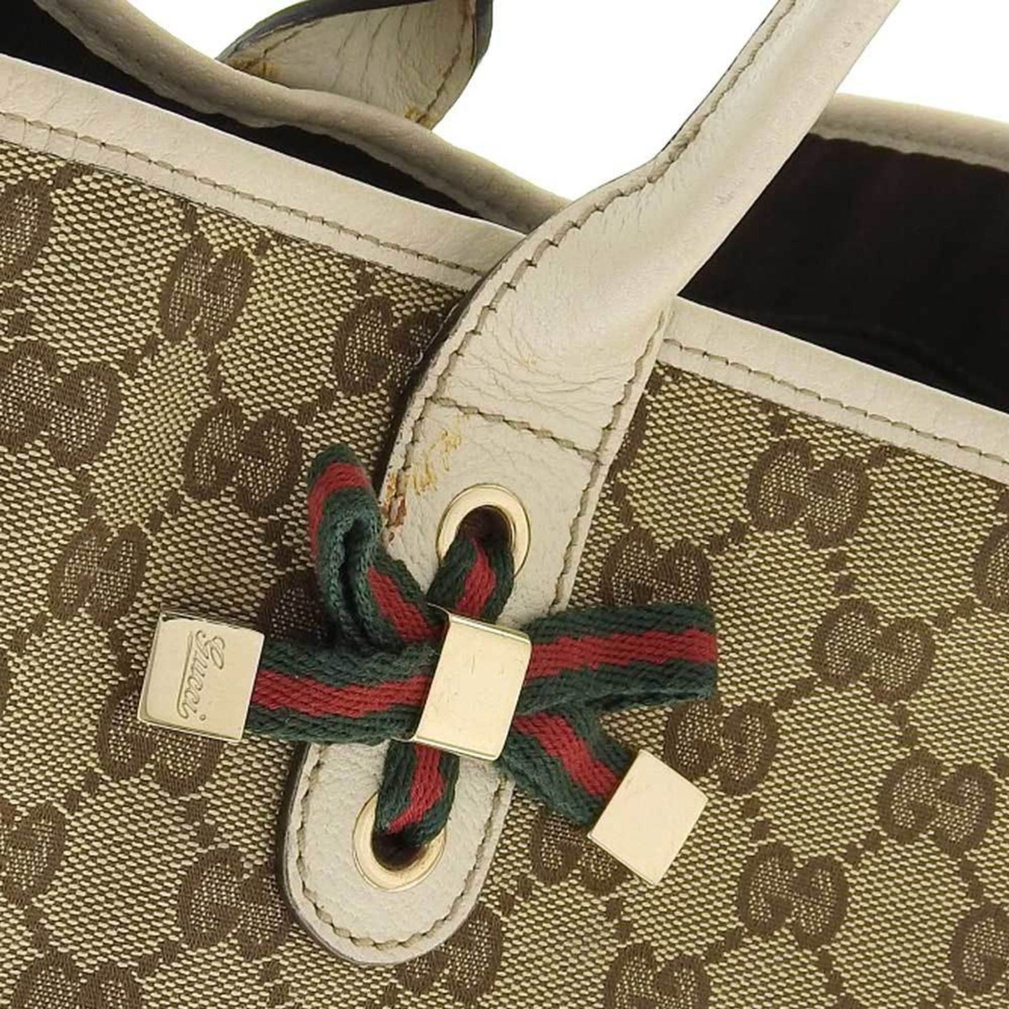 Gucci GG Canvas Princie Tote Bag Handbag Sherry Line Ribbon Leather Brown x Beige 161719 204046