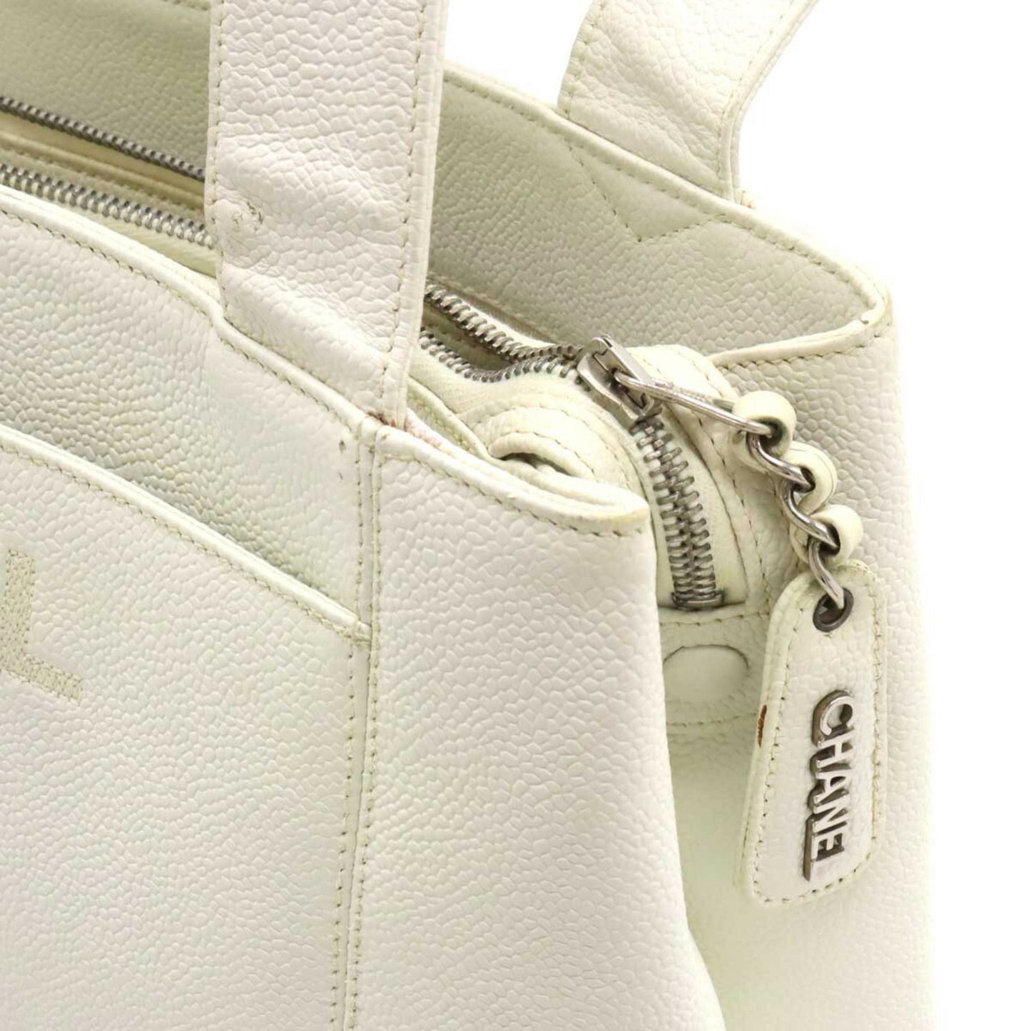 CHANEL tote bag shoulder caviar skin leather white