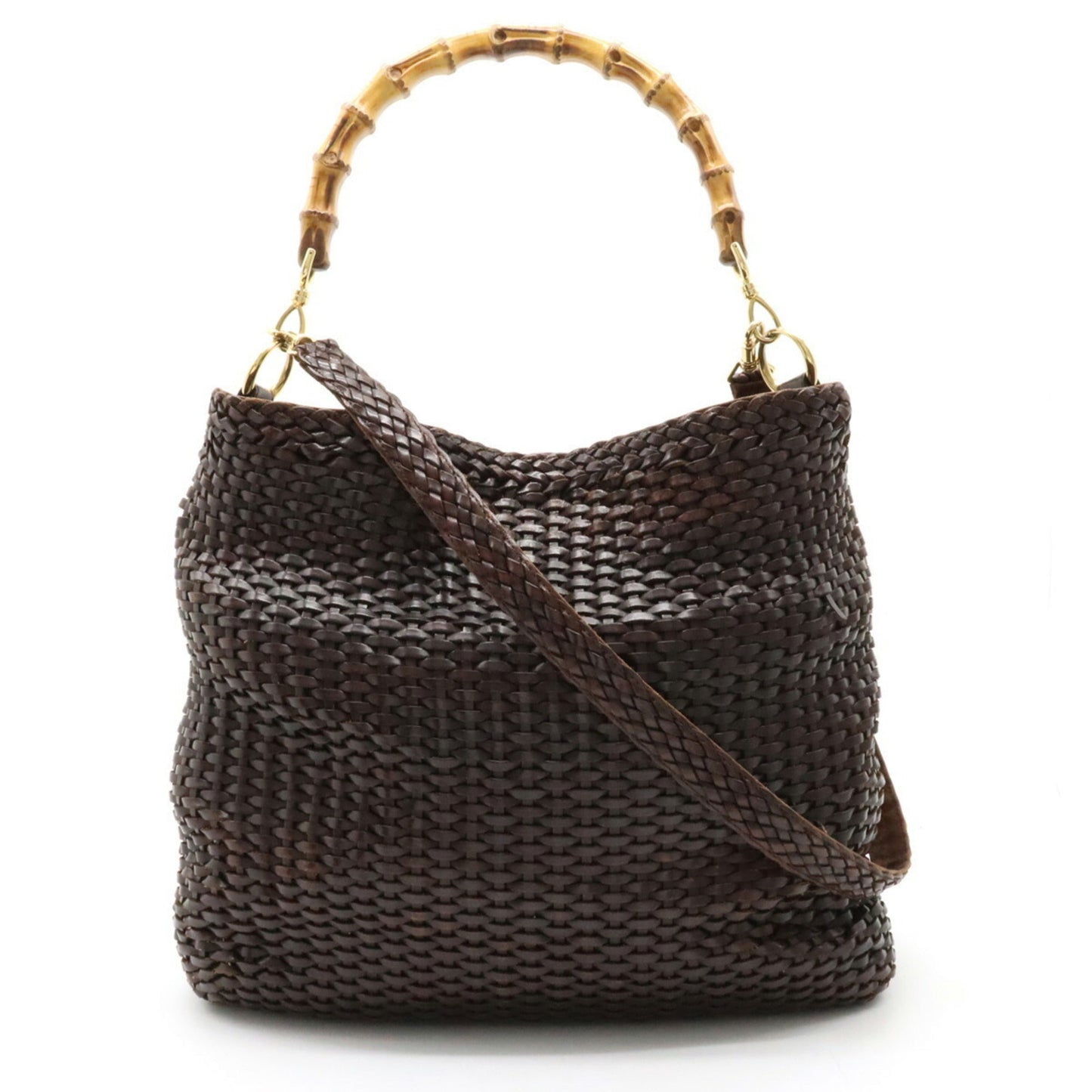 Gucci Bamboo HandBag Shoulder Bag Leather Dark Brown 001.2404.1577