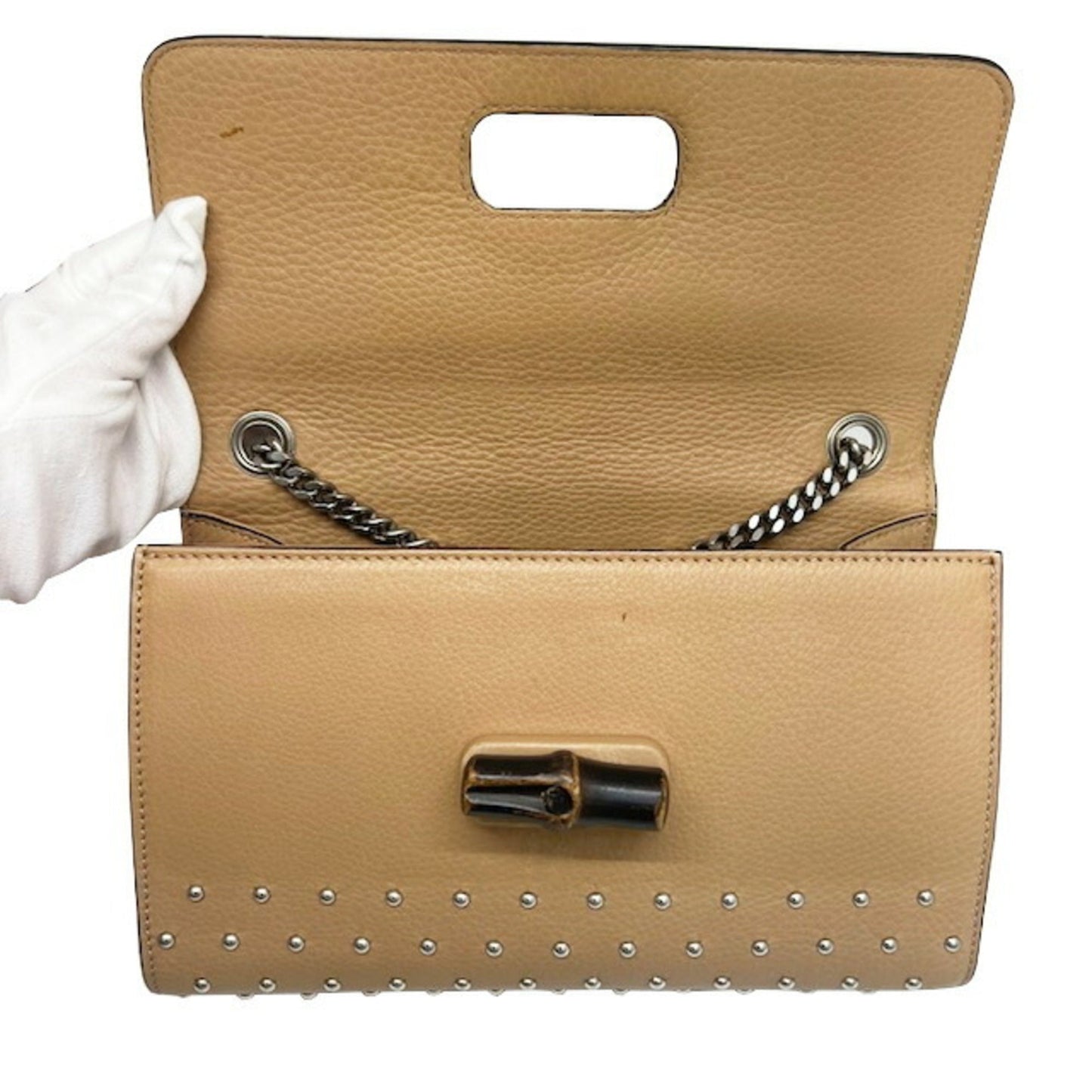 Gucci bamboo studs with fringe chain shoulder Bag ladies pink beige leather 387611