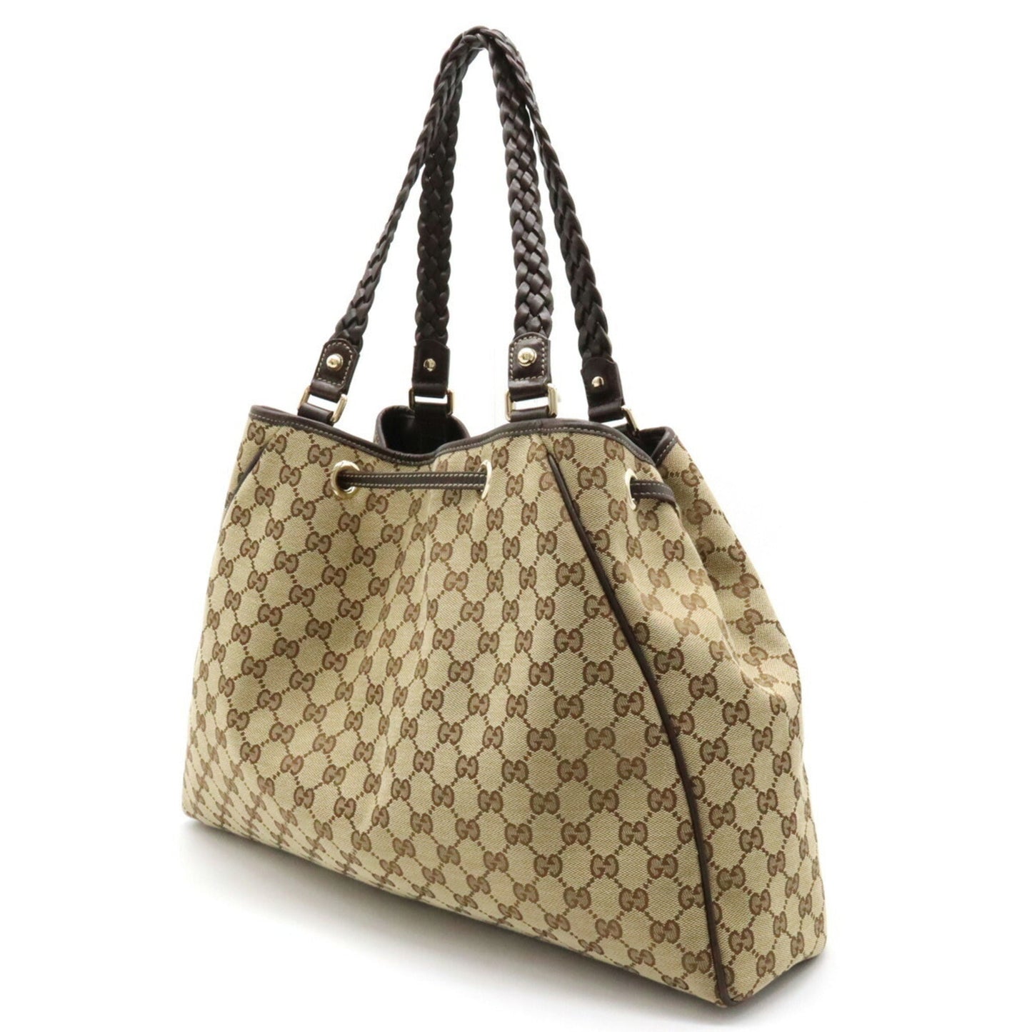 GUCCI GG Canvas Tote Bag Shoulder Tassel Leather Khaki Beige Dark Brown 170206