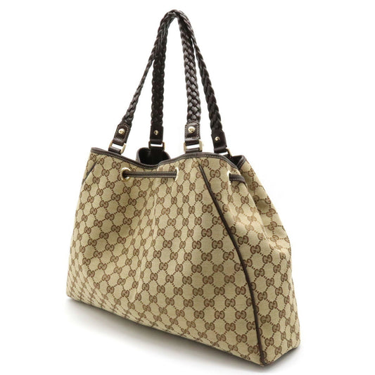 GUCCI GG Canvas Tote Bag Shoulder Tassel Leather Khaki Beige Dark Brown 170206