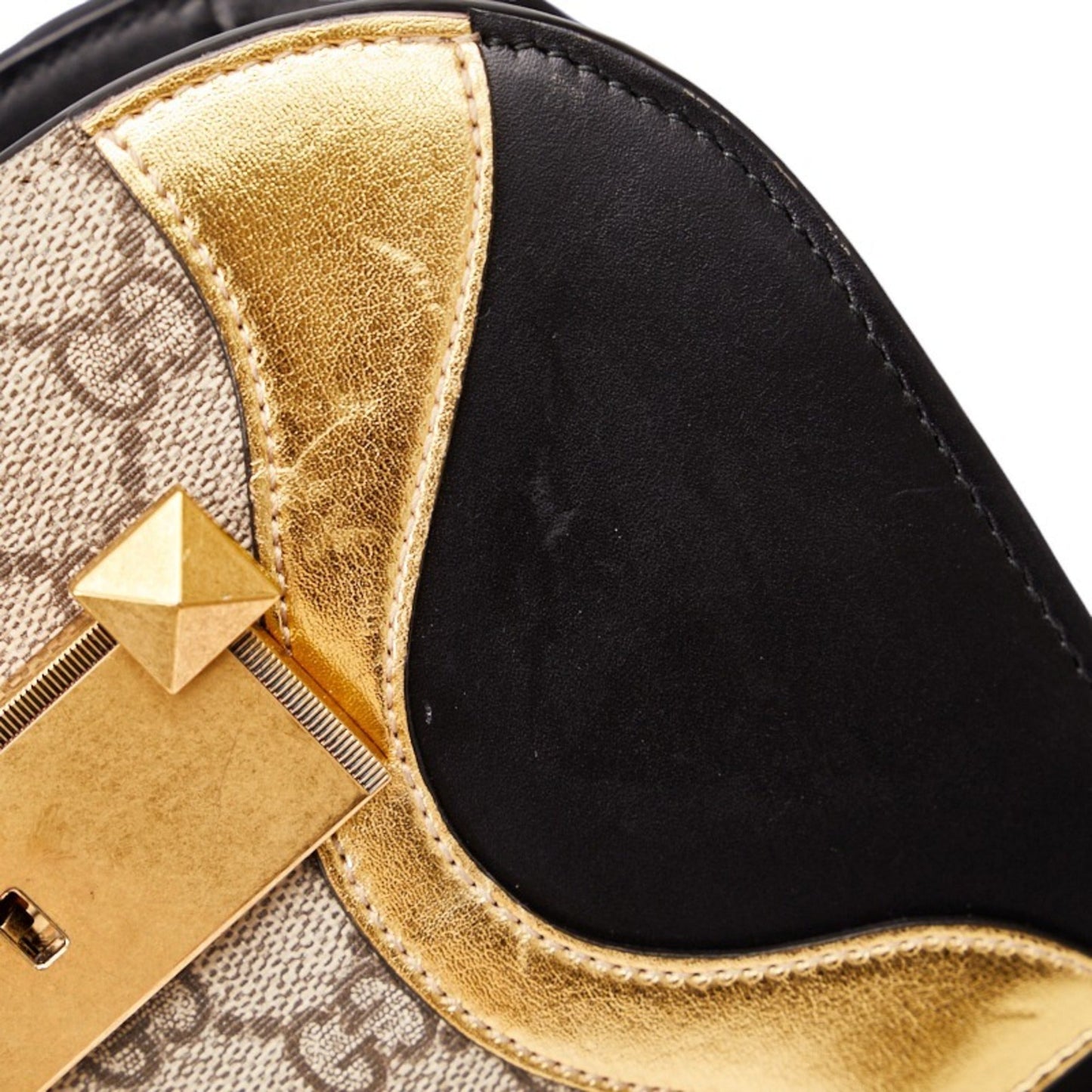 GUCCI Ogilide Shoulder Bag 500781 Black Gold Beige Leather PVC Women's