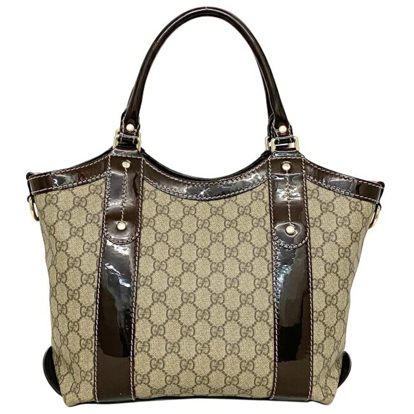 Gucci Tote Bag Beige Brown GG Supreme 203521 PVC Patent Leather GUCCI Handbag Plus Charm Enamel Ribbon Ladies