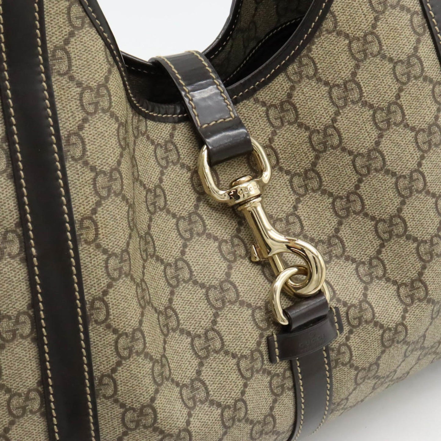 GUCCI Jackie GG Plus Supreme Shoulder Bag PVC Leather Khaki Beige Dark Brown 203494