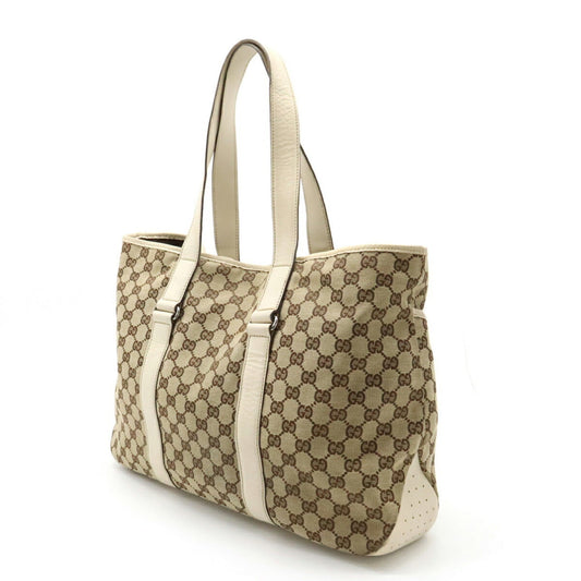 GUCCI GG Canvas Tote Bag Shoulder Leather Khaki Beige 153238