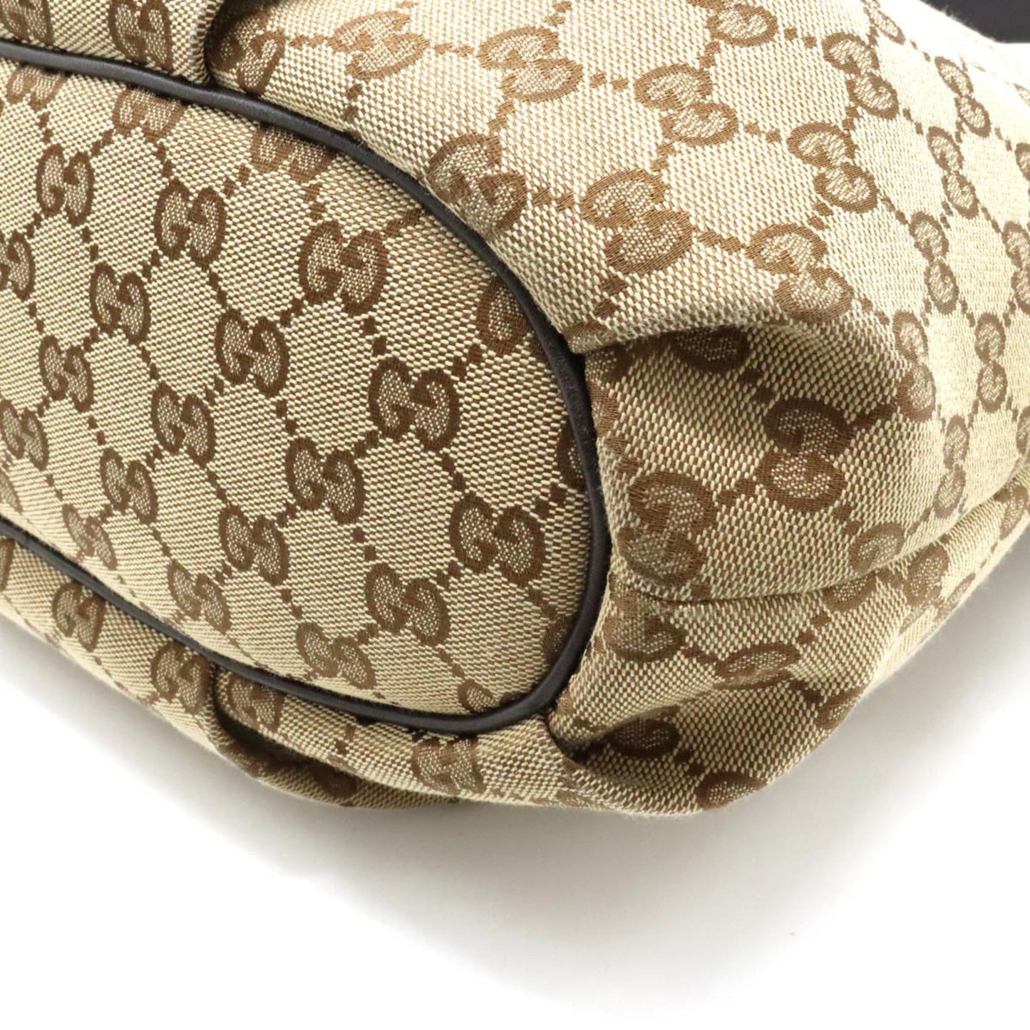 GUCCI GG Canvas Shoulder Bag Leather Khaki Beige Dark Brown 388930