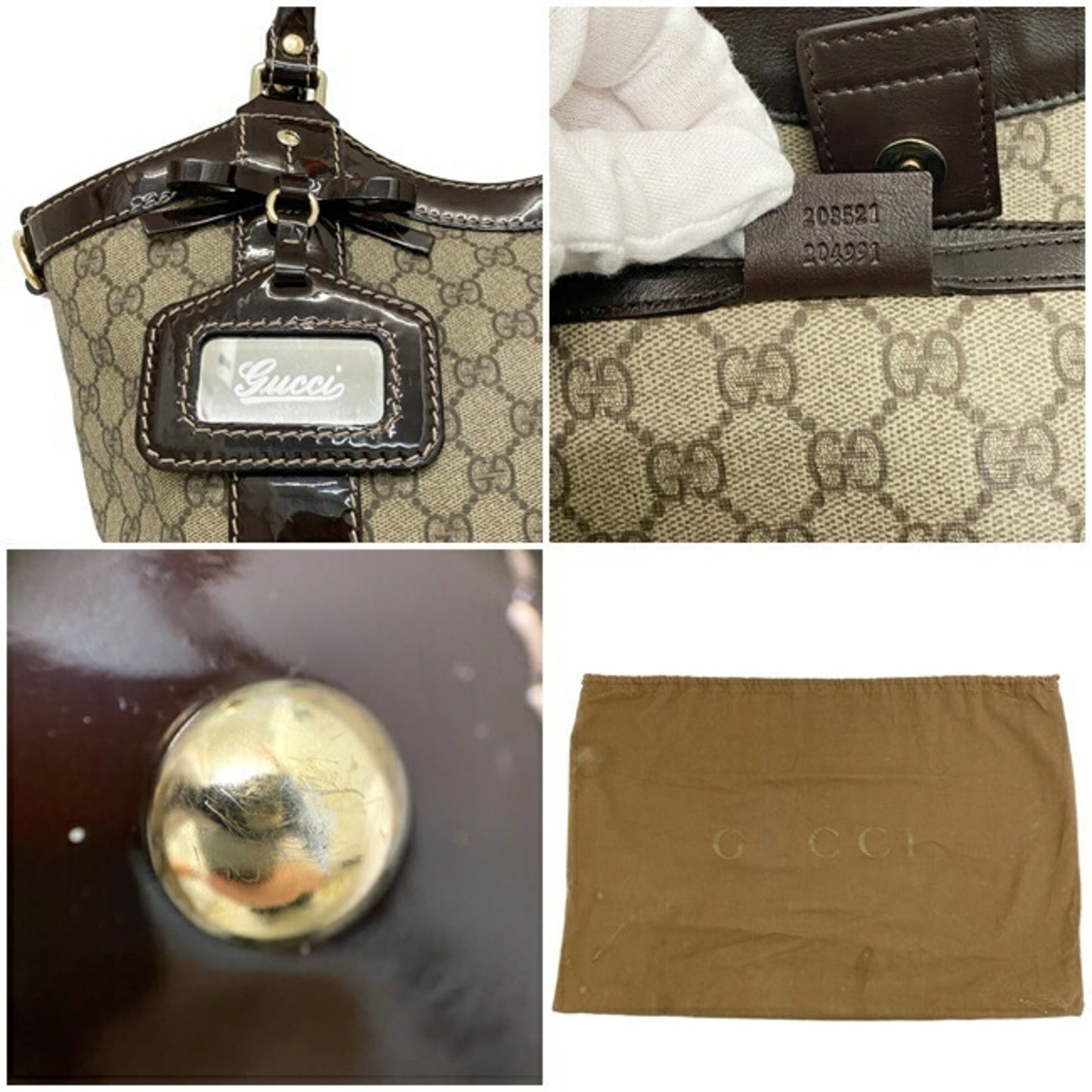 Gucci Tote Bag Beige Brown GG Supreme 203521 PVC Patent Leather GUCCI Handbag Plus Charm Enamel Ribbon Ladies