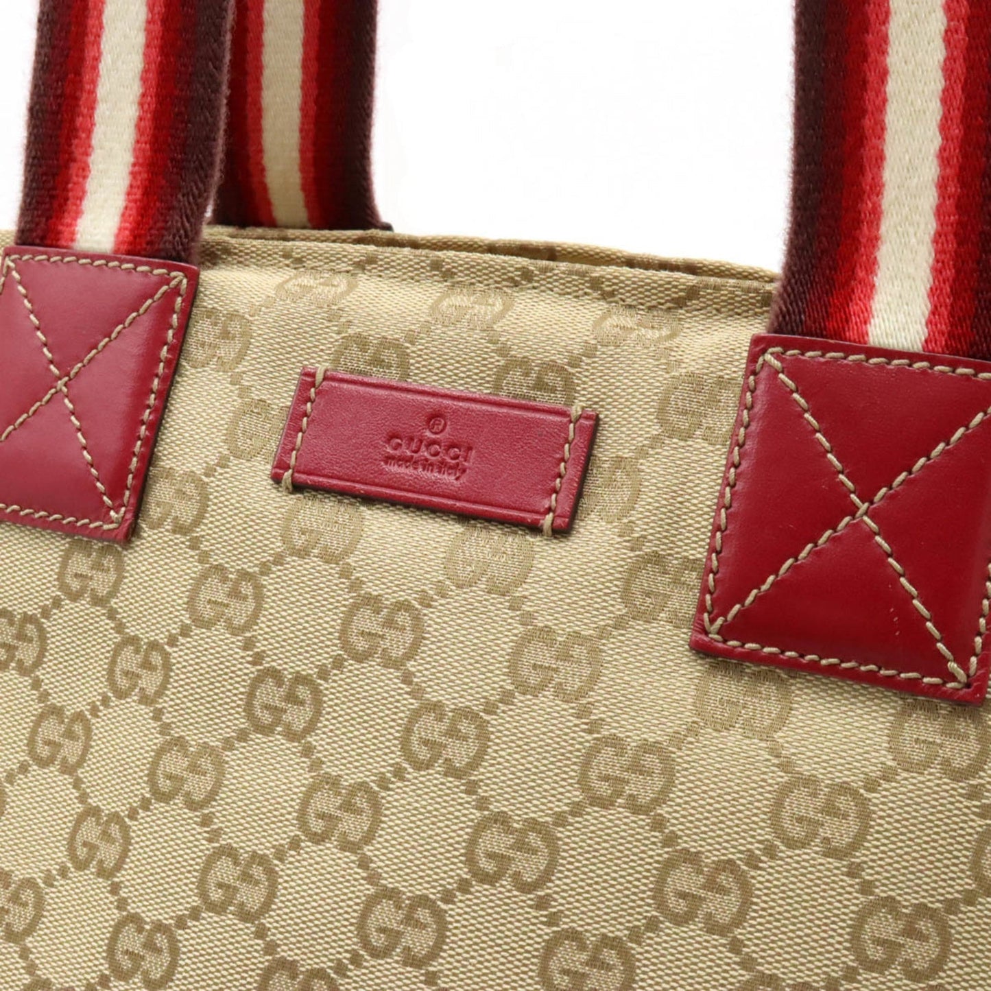 GUCCI GG Canvas Tote Bag Shoulder Leather Beige Cochineal Red Ivory 131230