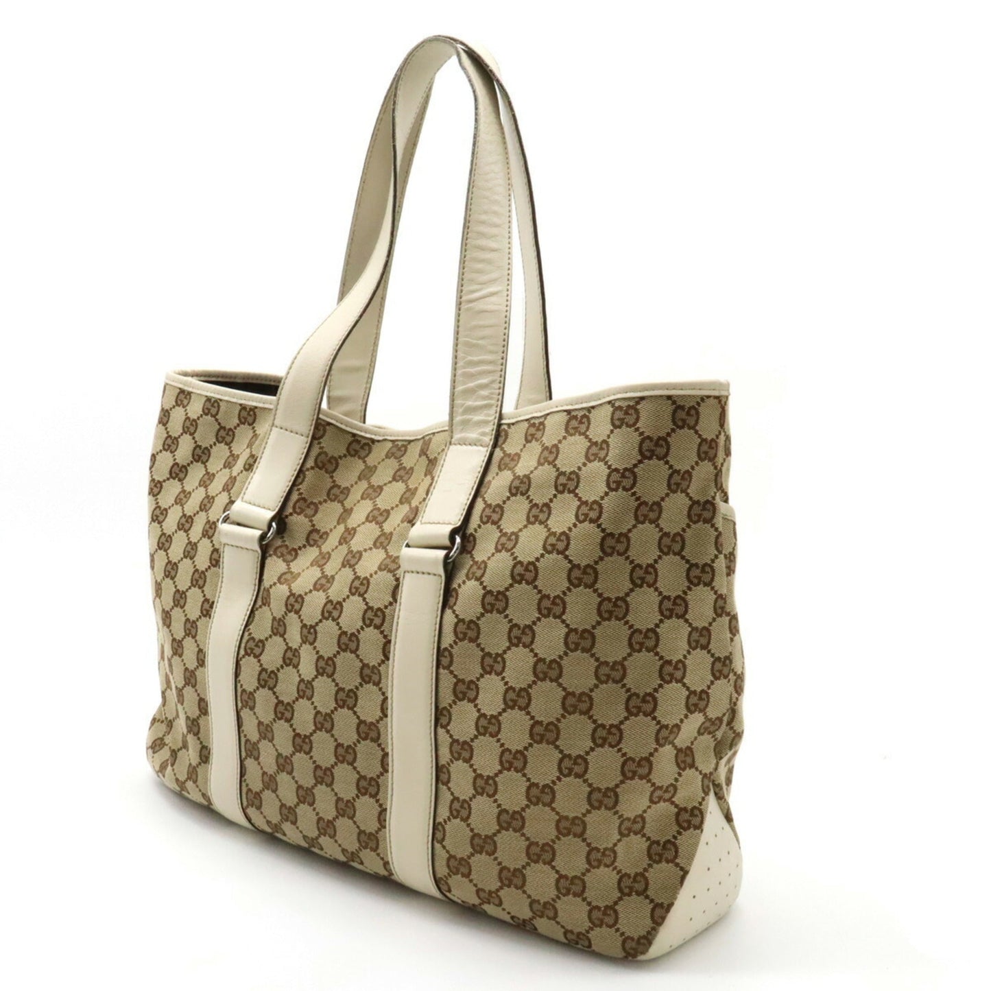 GUCCI GG Canvas Tote Bag Shoulder Leather Khaki Beige 153238