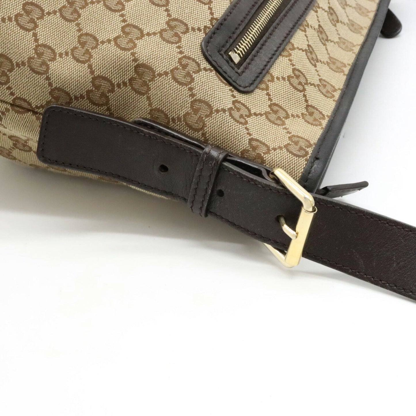 GUCCI GG Canvas Shoulder Bag Leather Khaki Beige Dark Brown 388930