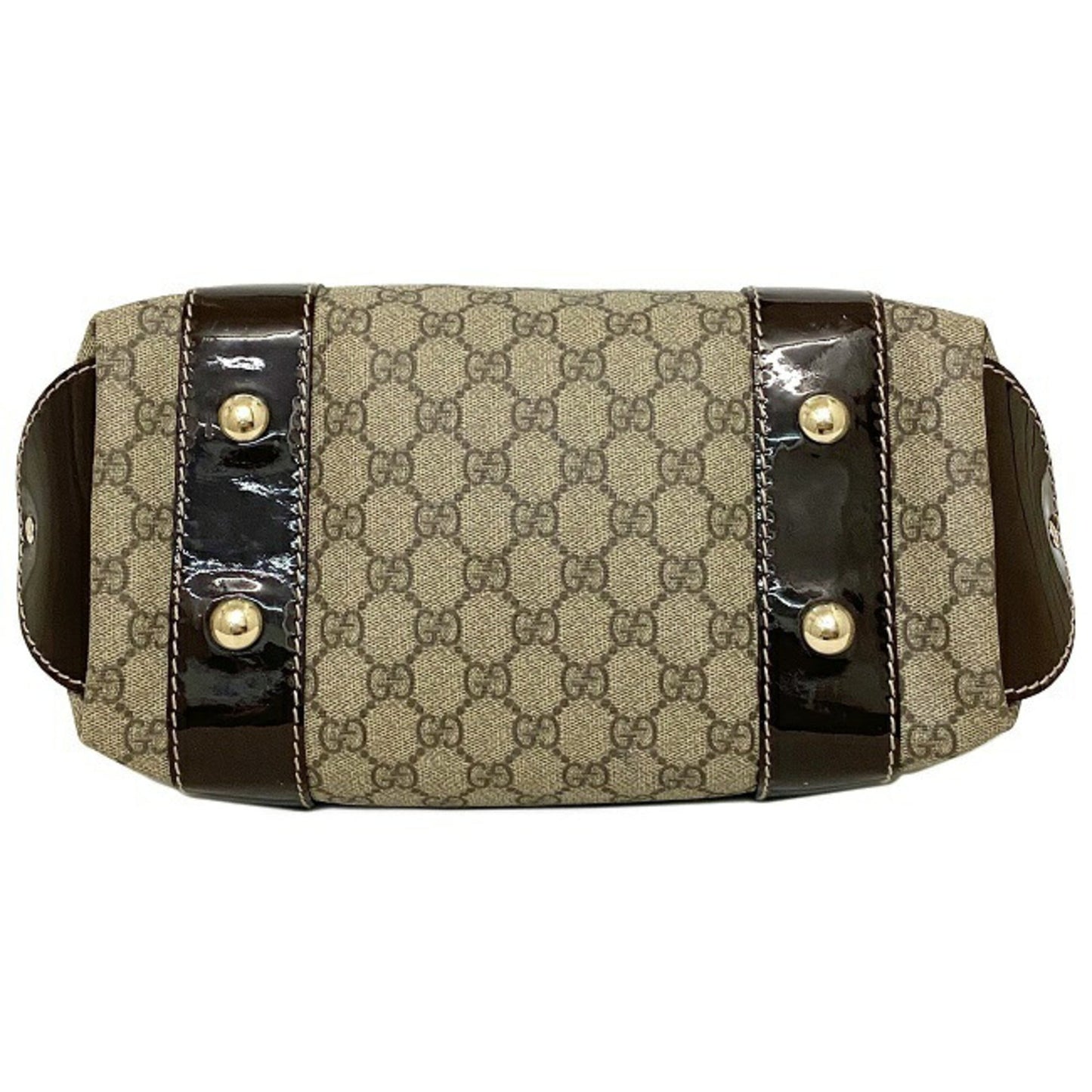 Gucci Tote Bag Beige Brown GG Supreme 203521 PVC Patent Leather GUCCI Handbag Plus Charm Enamel Ribbon Ladies