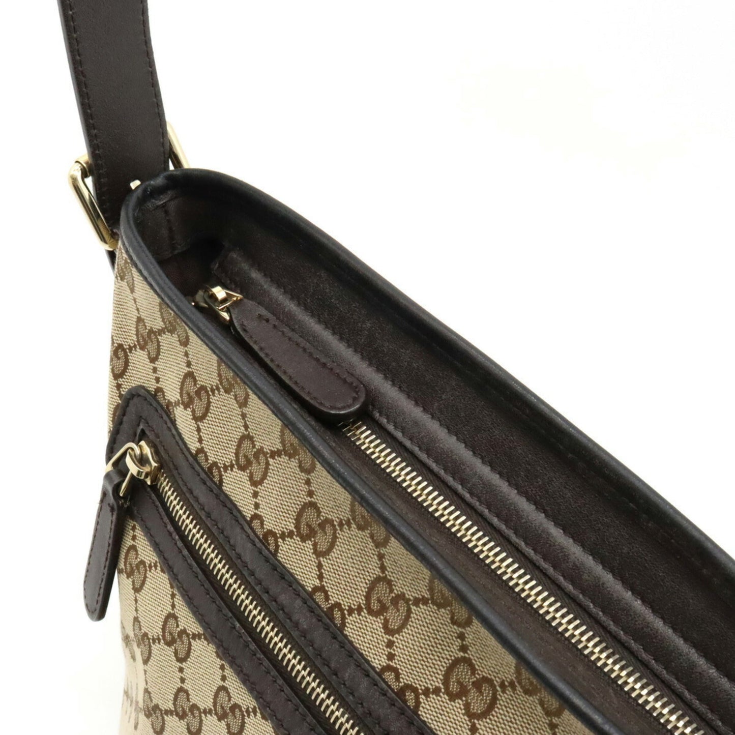 GUCCI GG Canvas Shoulder Bag Leather Khaki Beige Dark Brown 388930