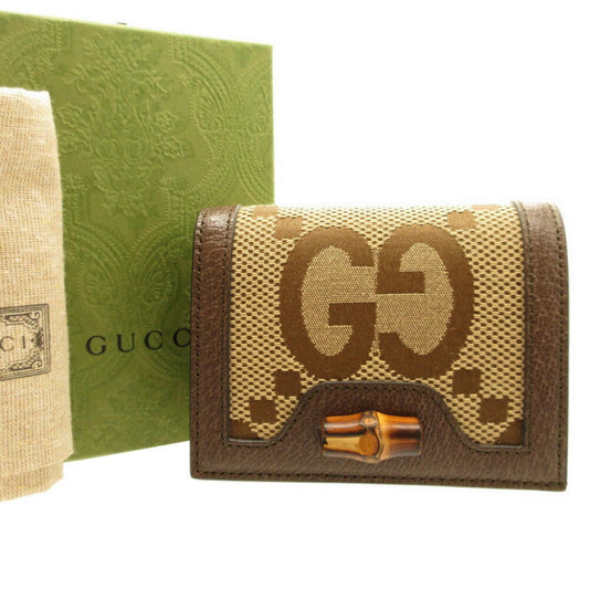 Gucci 658244 Jumbo GG Bamboo Canvas Leather Brown Bifold Wallet 0153