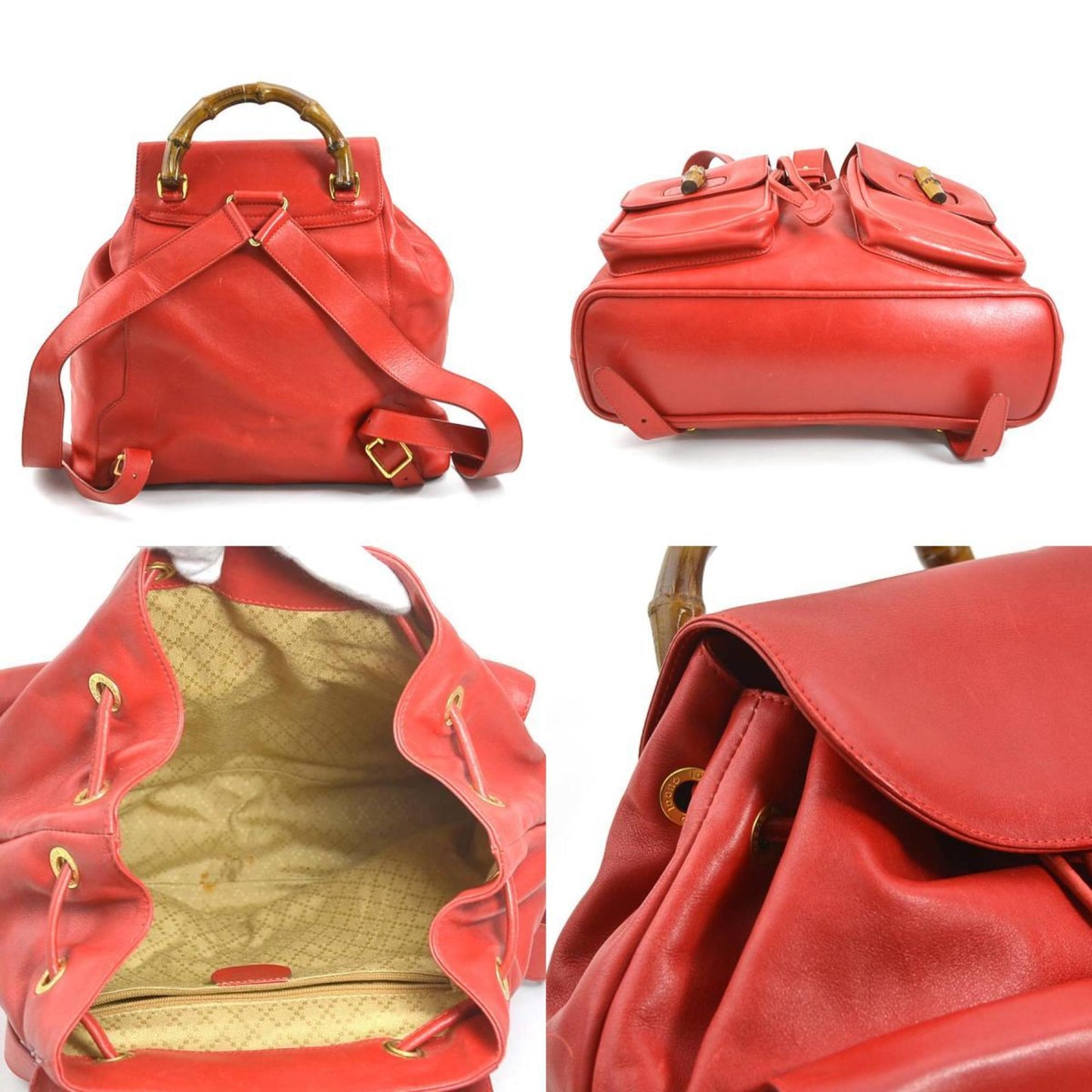 Gucci Backpack Bamboo Leather Red Gold Ladies