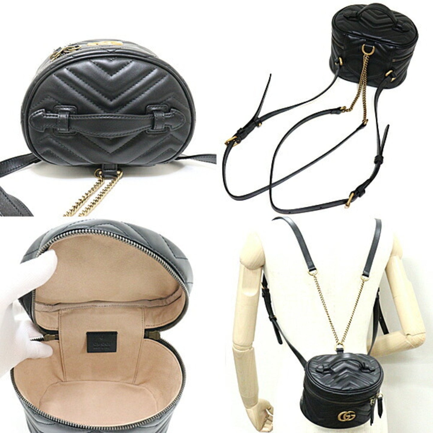 Gucci GG Marmont Mini Backpack 598594 Black Quilted Leather Double G Vanity