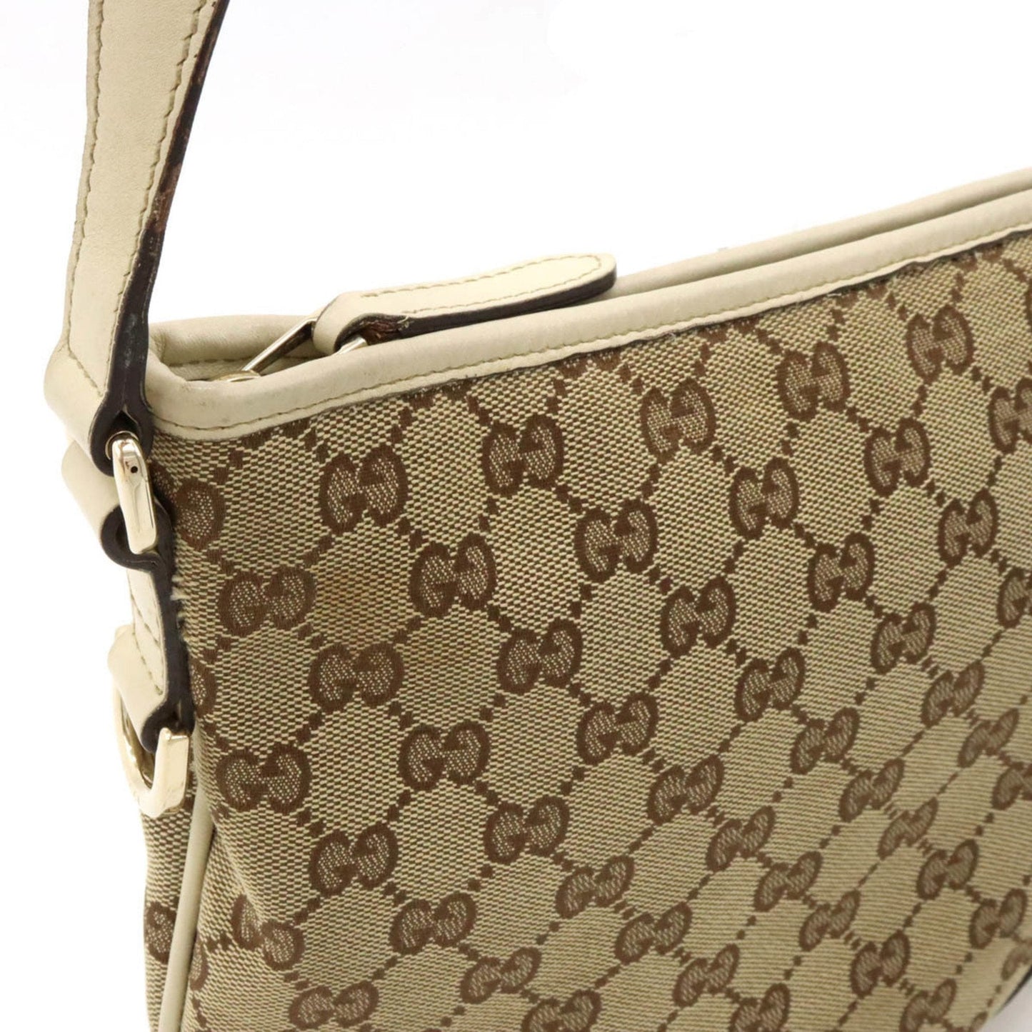 GUCCI GG Canvas Shoulder Bag Leather Khaki Beige Ivory White 169998