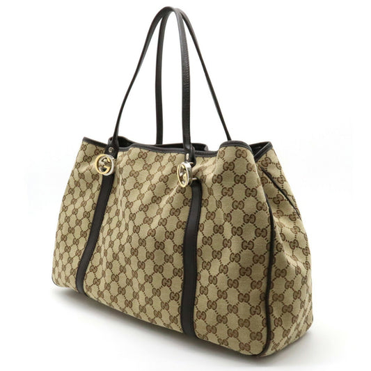 GUCCI GG Twins Canvas Tote Bag Shoulder Leather Khaki Beige Dark Brown 232956
