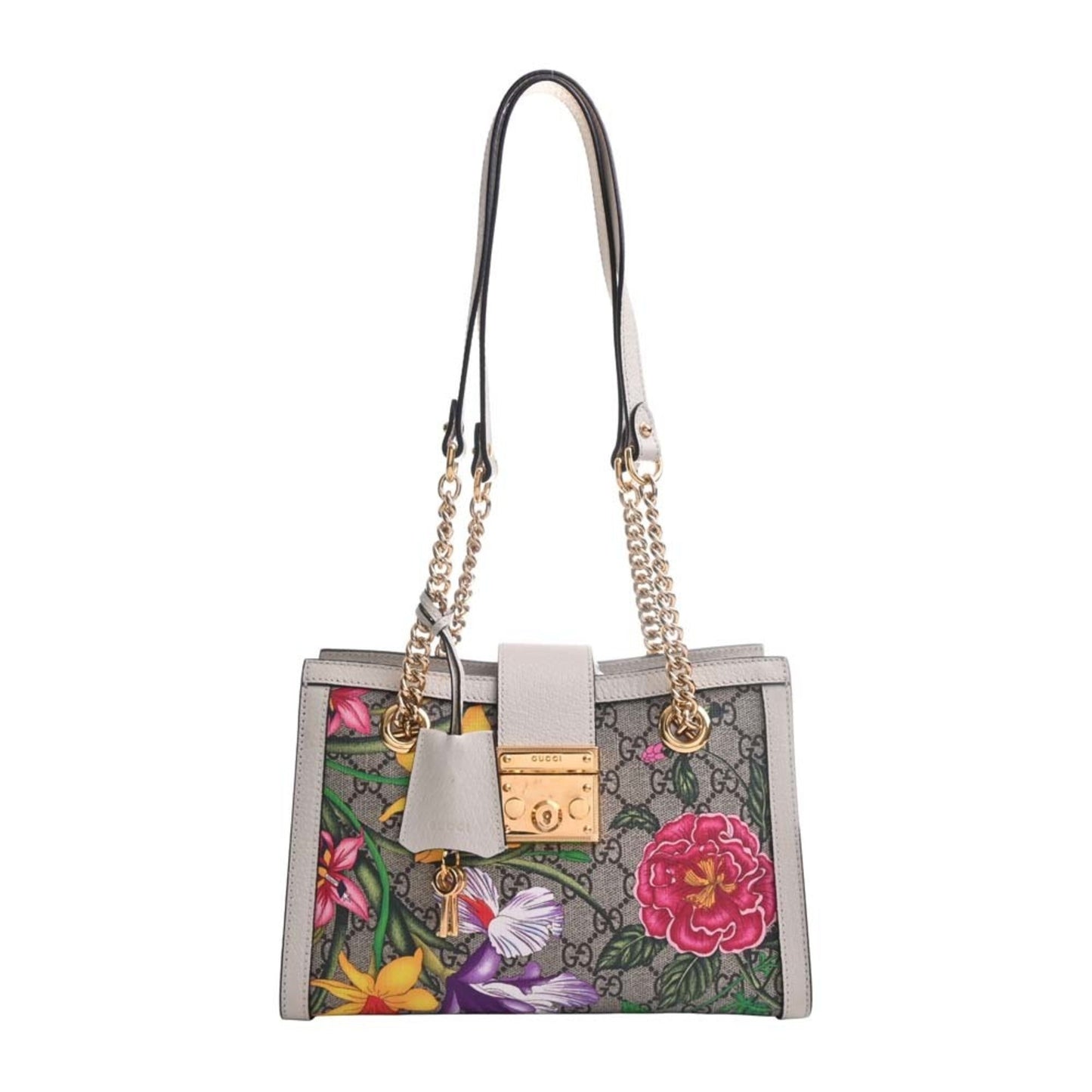 GUCCI GG Supreme Flora Padlock Small Chain Shoulder Bag 498156 Beige/White Women's