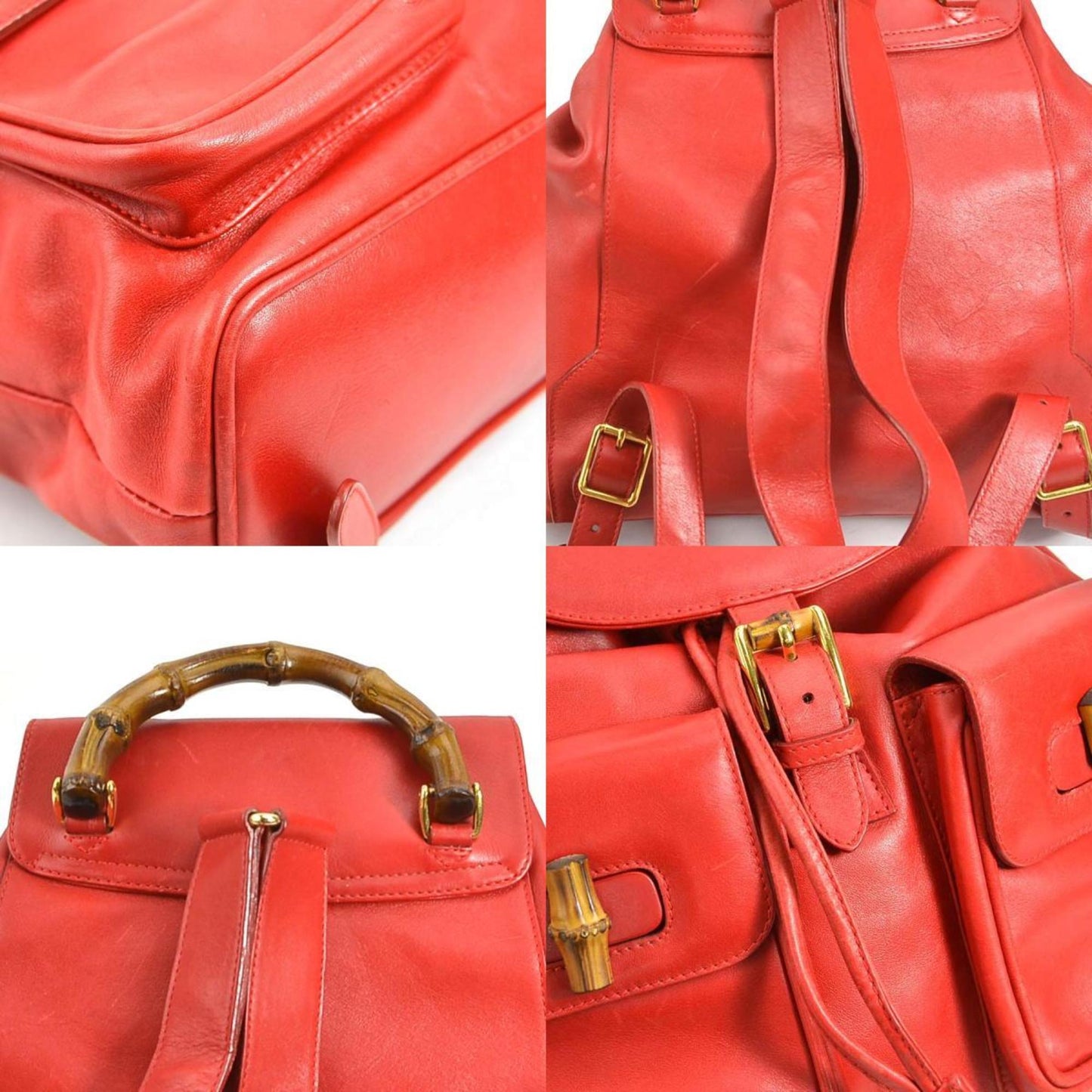 Gucci Backpack Bamboo Leather Red Gold Ladies