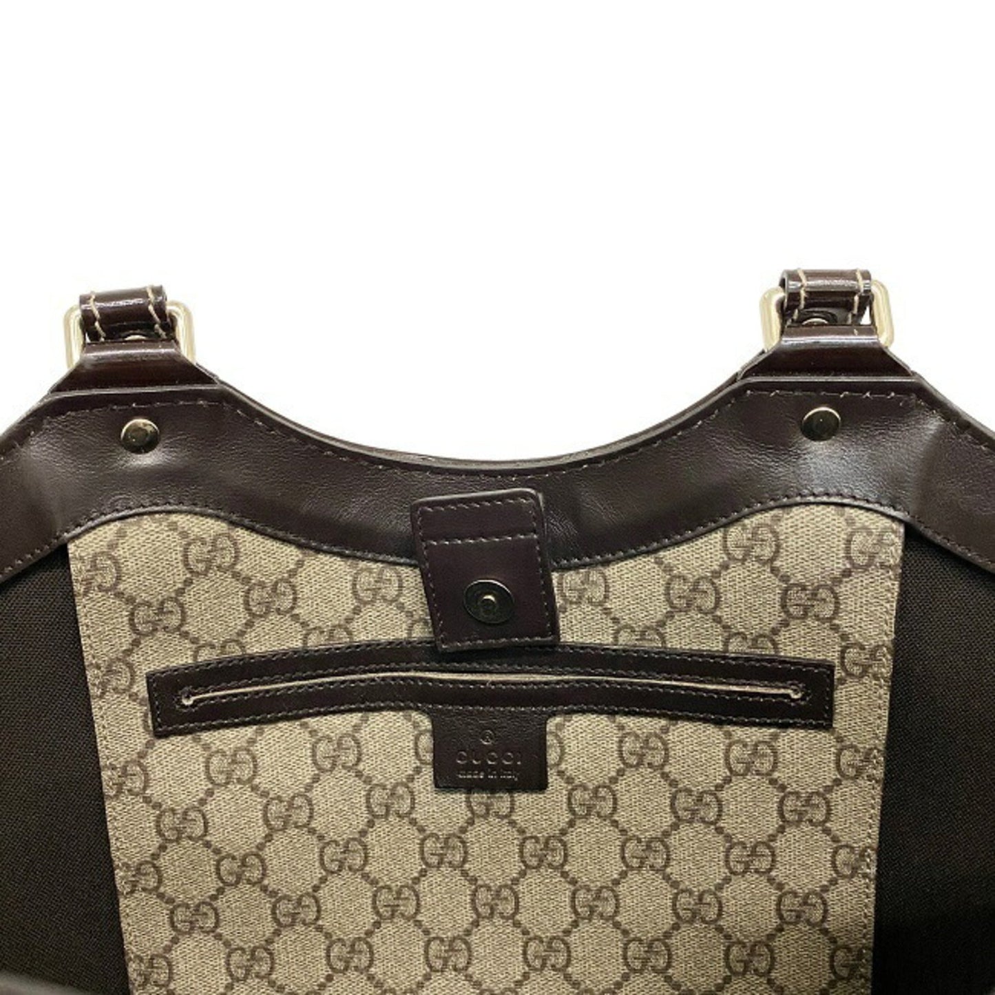Gucci Tote Bag Beige Brown GG Supreme 203521 PVC Patent Leather GUCCI Handbag Plus Charm Enamel Ribbon Ladies