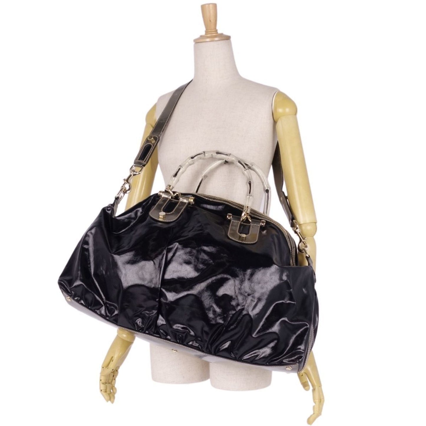 GUCCI bag 2way Boston canvas leather bamboo men's women's black/gold