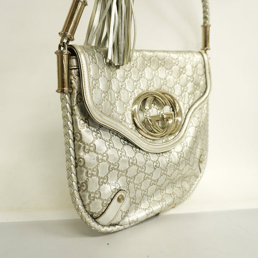 Gucci  Interlocking G167732 Women's Leather Shoulder Bag Silver