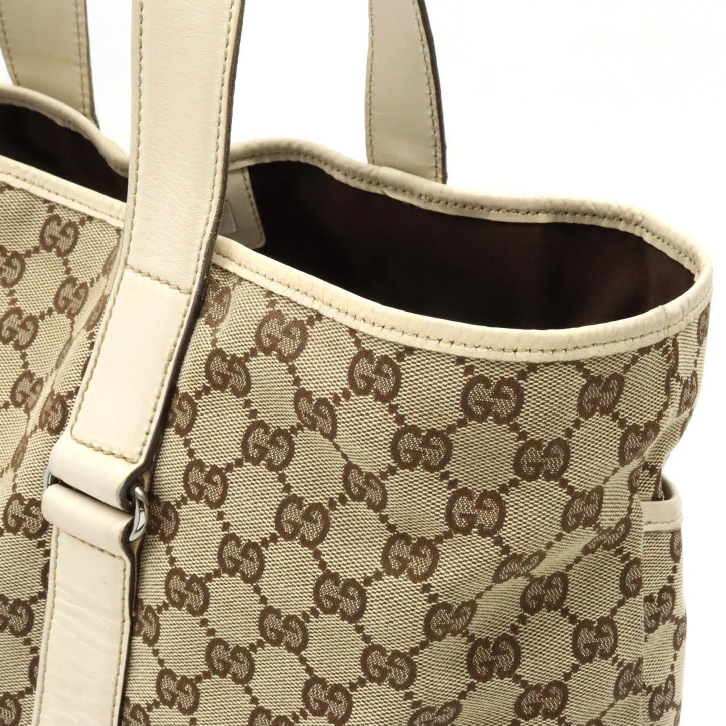 GUCCI GG Canvas Tote Bag Shoulder Leather Khaki Beige 153238