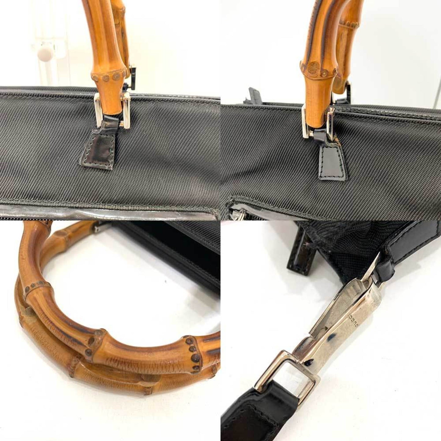 Gucci Bag Bamboo HandBag Black x Brown 2way Square Ladies Nylon Canvas Enamel Leather