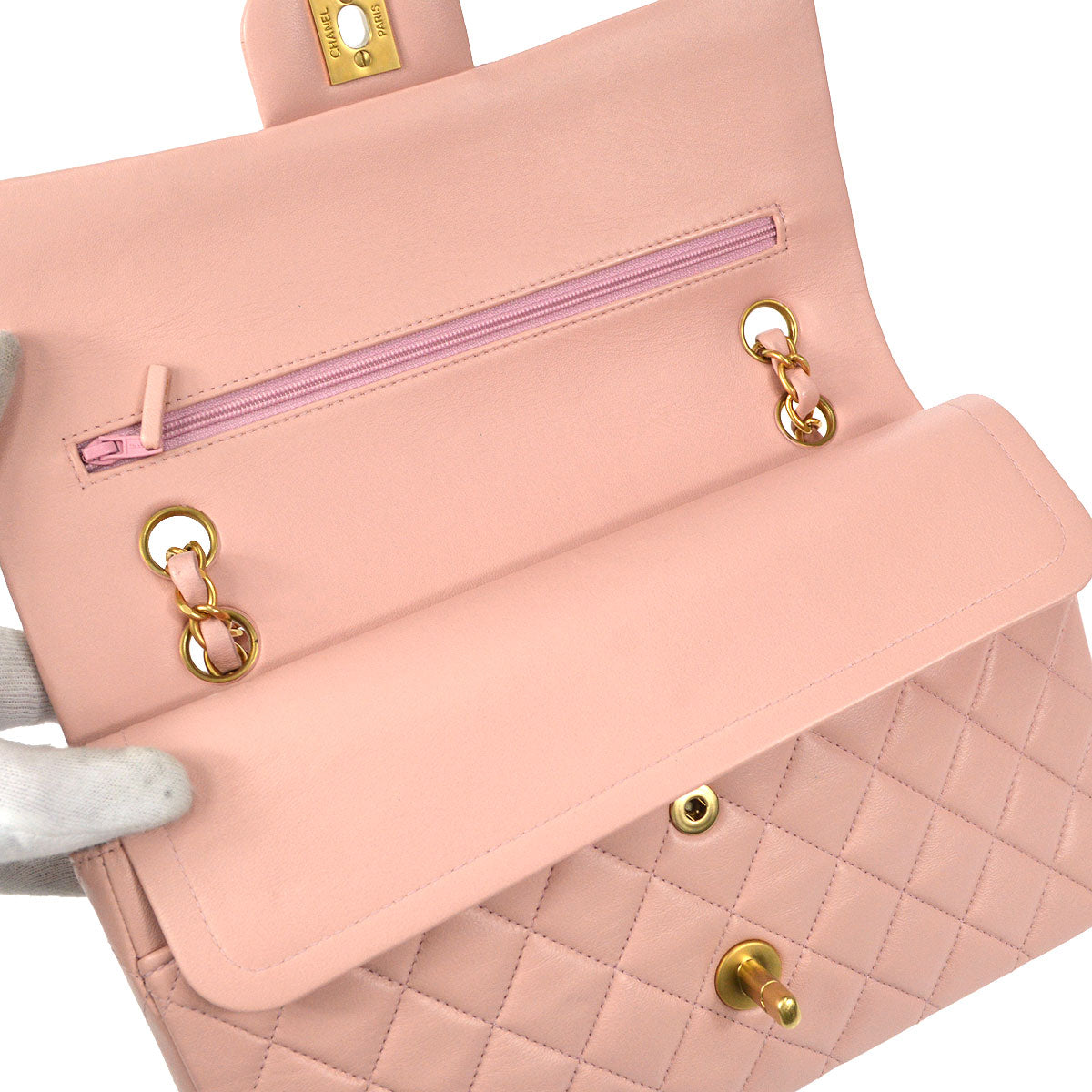 CHANEL Classic Double Flap Medium Shoulder Bag Pink Lambskin