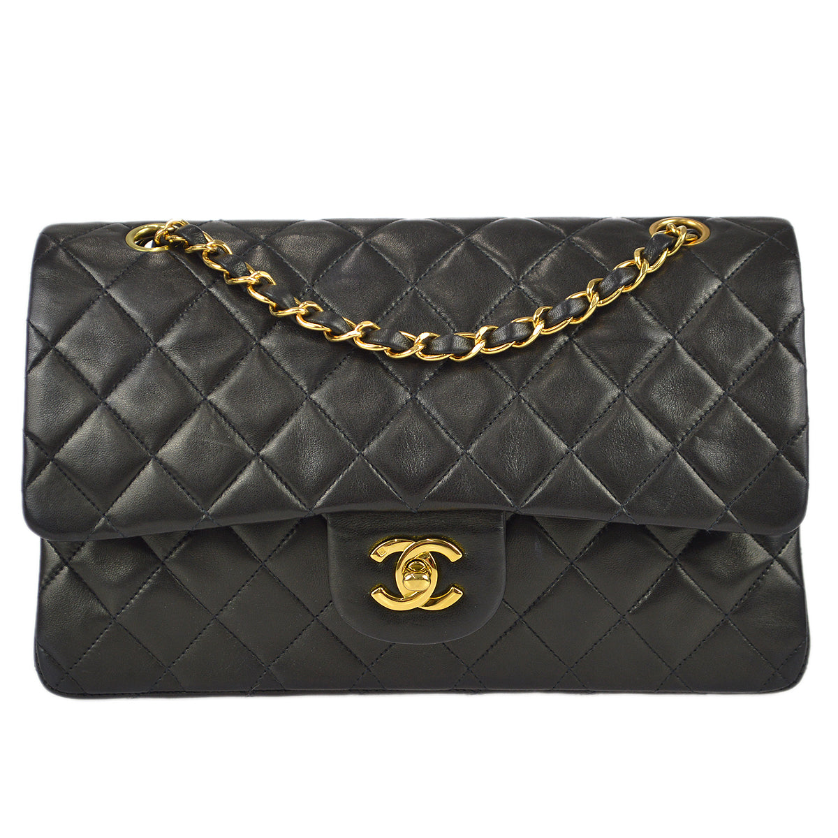 Chanel 1991-1994 Classic Double Flap Medium Shoulder Bag Black Lambskin